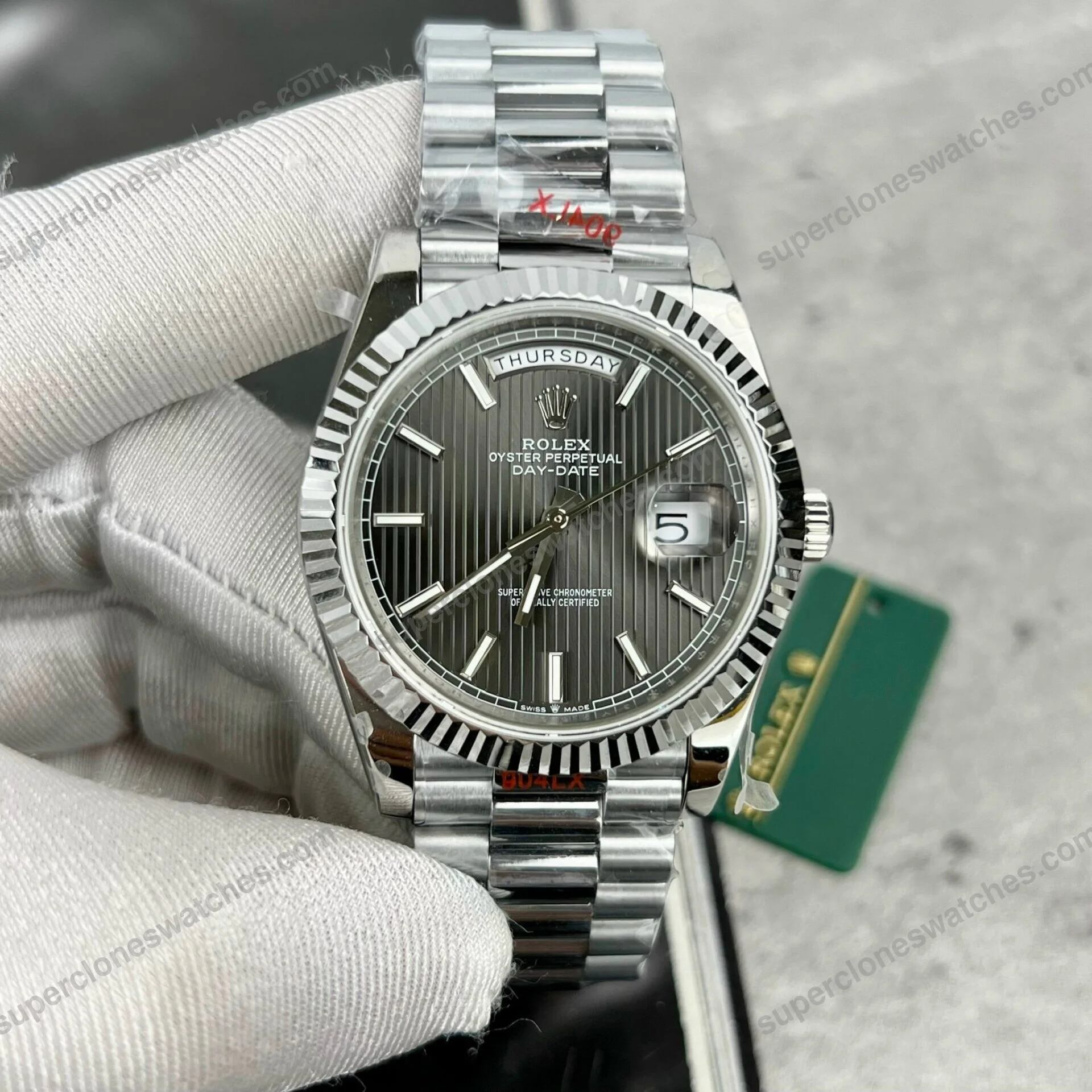 Super-Clone-Rolex-Day-Date-Grey-Stick-Tapestry-Dial-228239-0002-40-mm-2