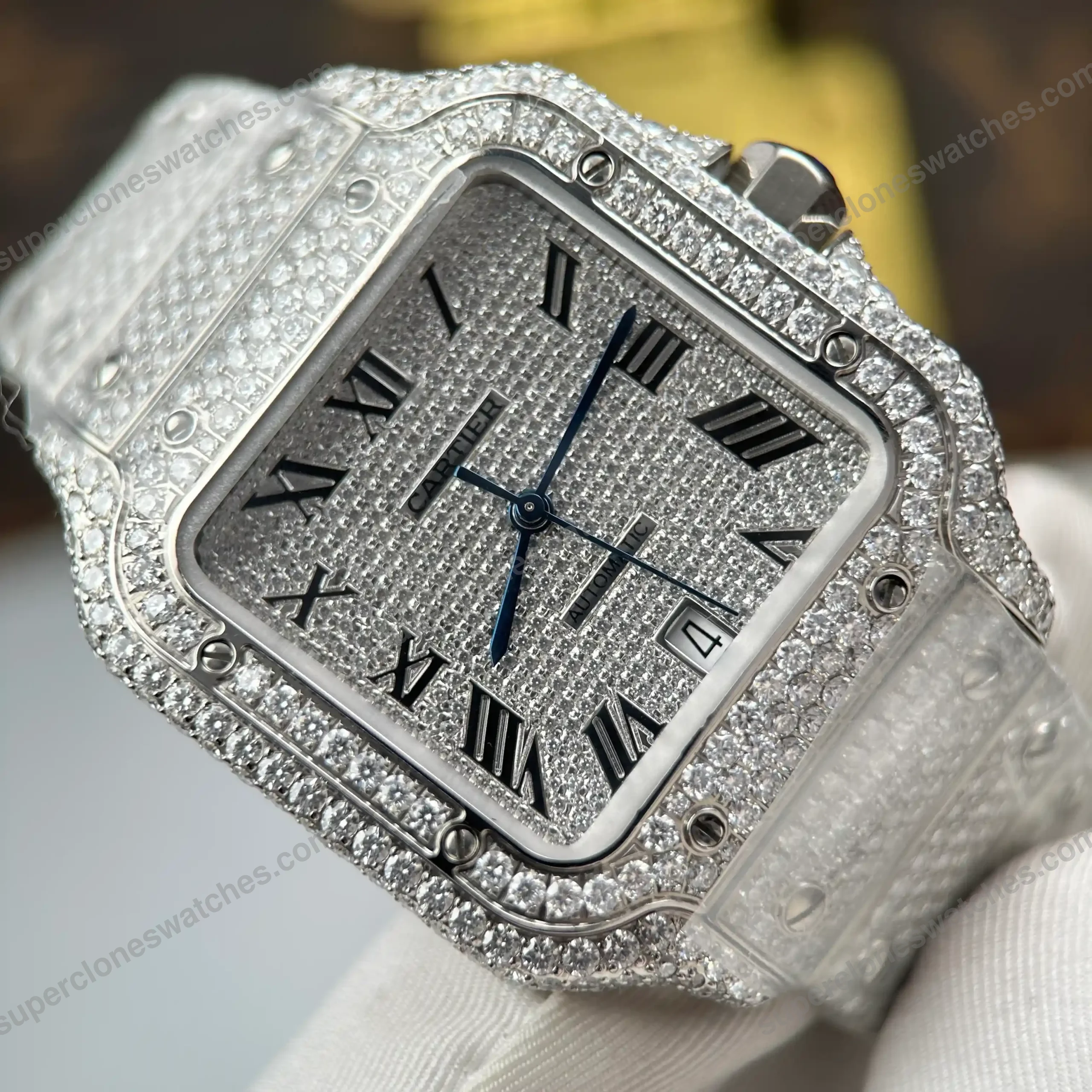 Super-Clone-Cartier-Santos-de-Cartie-Larger-Full-Diamond-39.8mm-8211-Handcraf-5