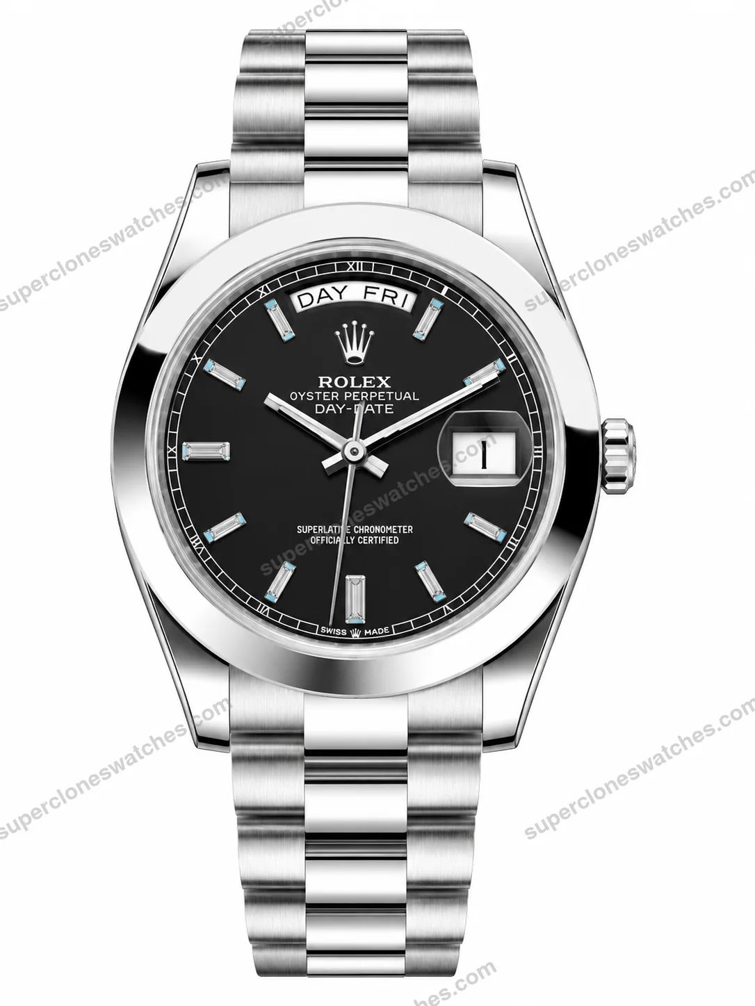 Reduced-Rolex-Day-Date-Silver-Black-Diamond-Dial-Oyster-Bracelet