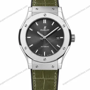 Super-Clone-Hublot-Classic-Fusion-Silver-Black-Dial-Green-Crocodile-Leather-Strap