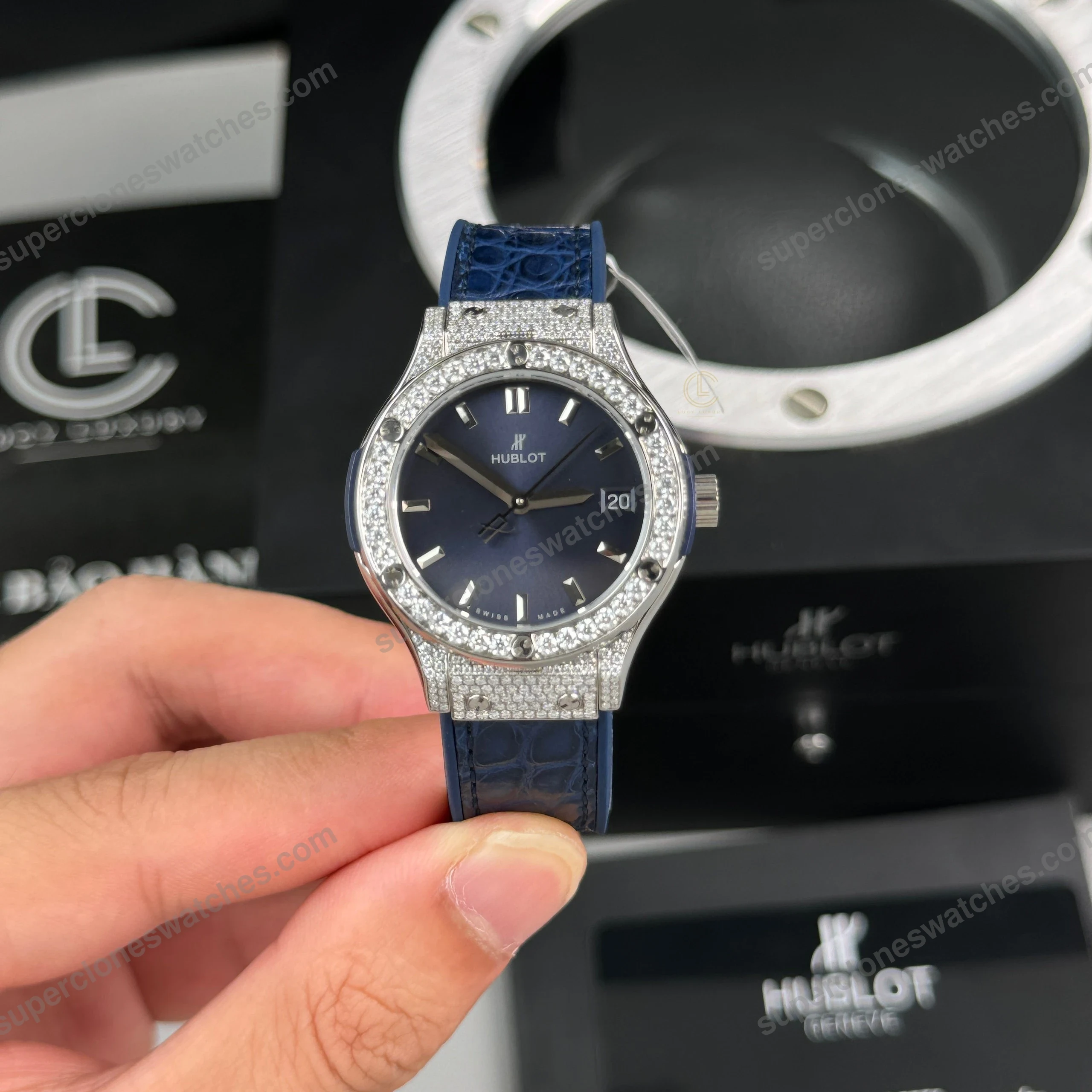 Super-Clone-Hublot-Classic-Fusion-Diamonds-Moissanite-Pave-33mm-Blue-Dial-–-Ha-1