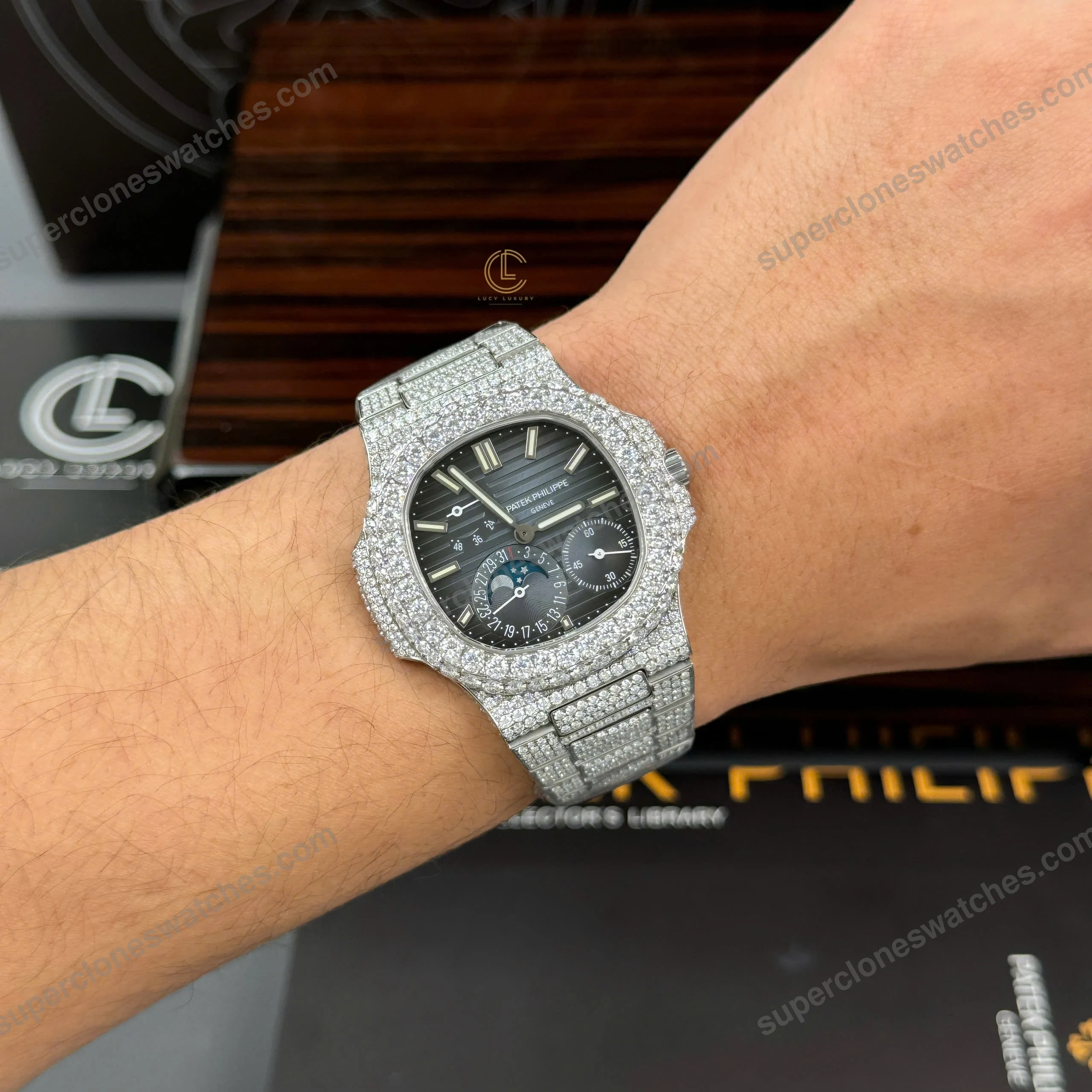 Super-Clone-Patek-Philippe-Nautilus-57121A-40mm-Blue-Dial-Full-Moissanite-Hongk-6