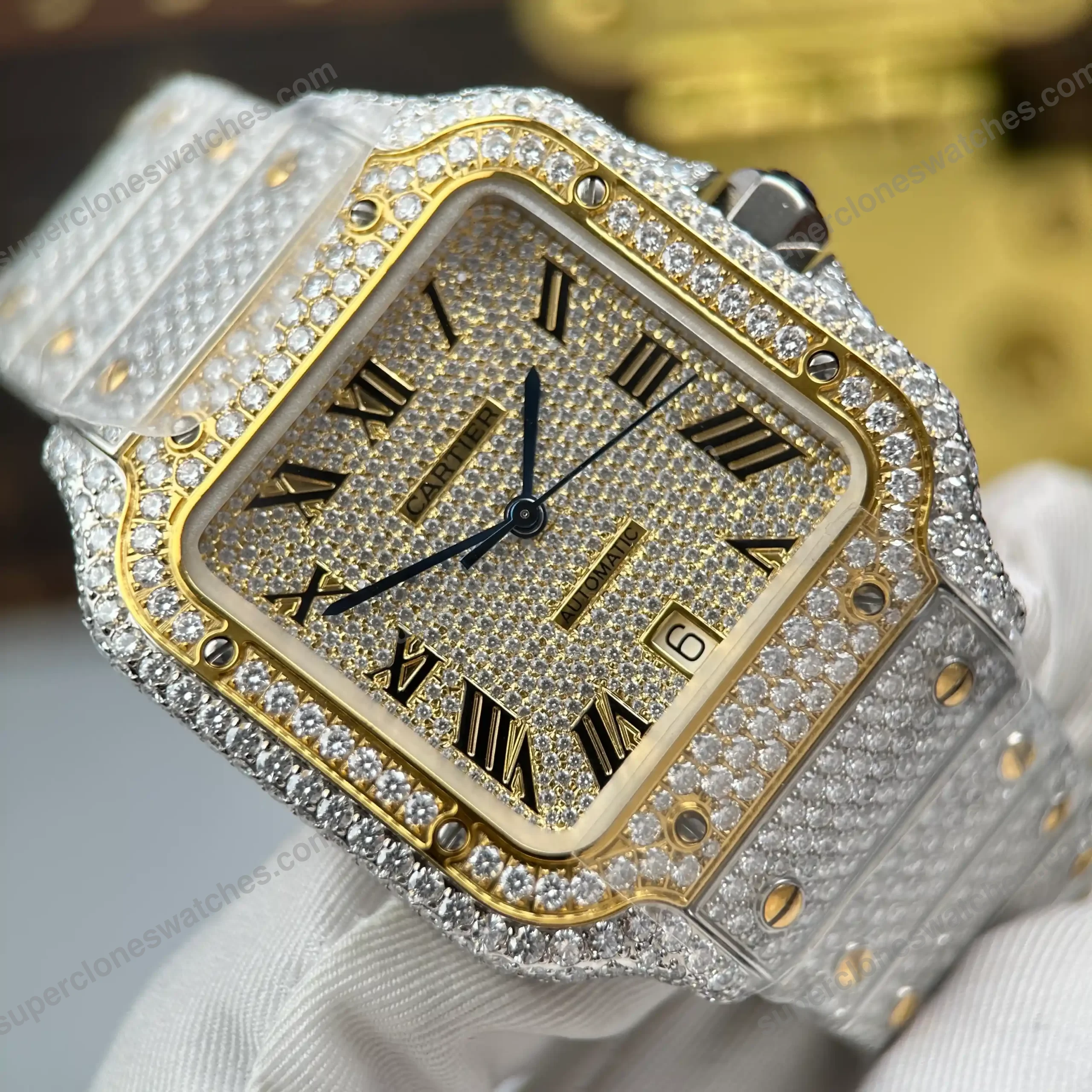 Super-Clone-Cartier-Santos-de-Cartie-Larger-Full-Diamond-Demi-Yellow-Gold-39.8mm-5