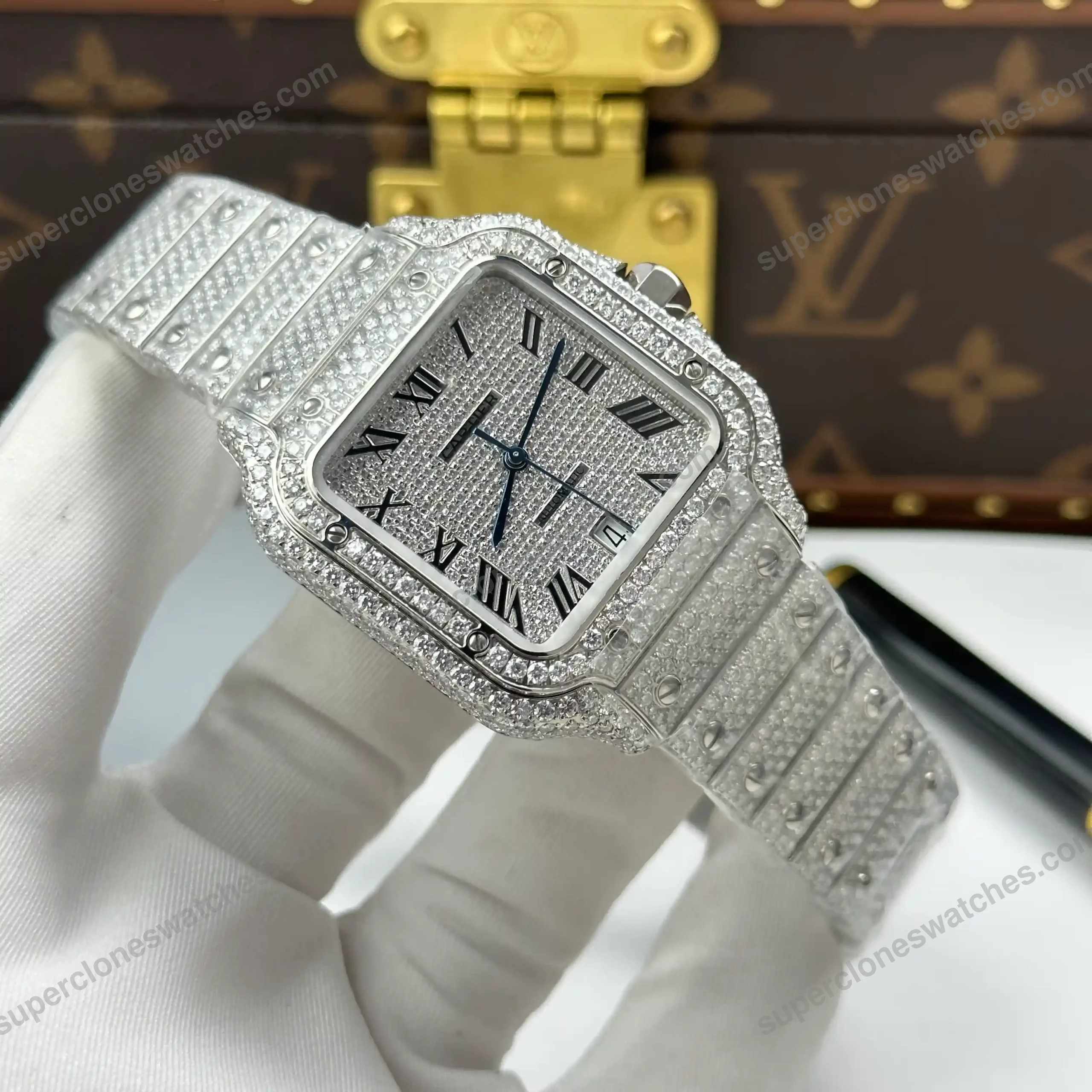 Super-Clone-Cartier-Santos-de-Cartie-Larger-Full-Diamond-39.8mm-8211-Handcraf-4
