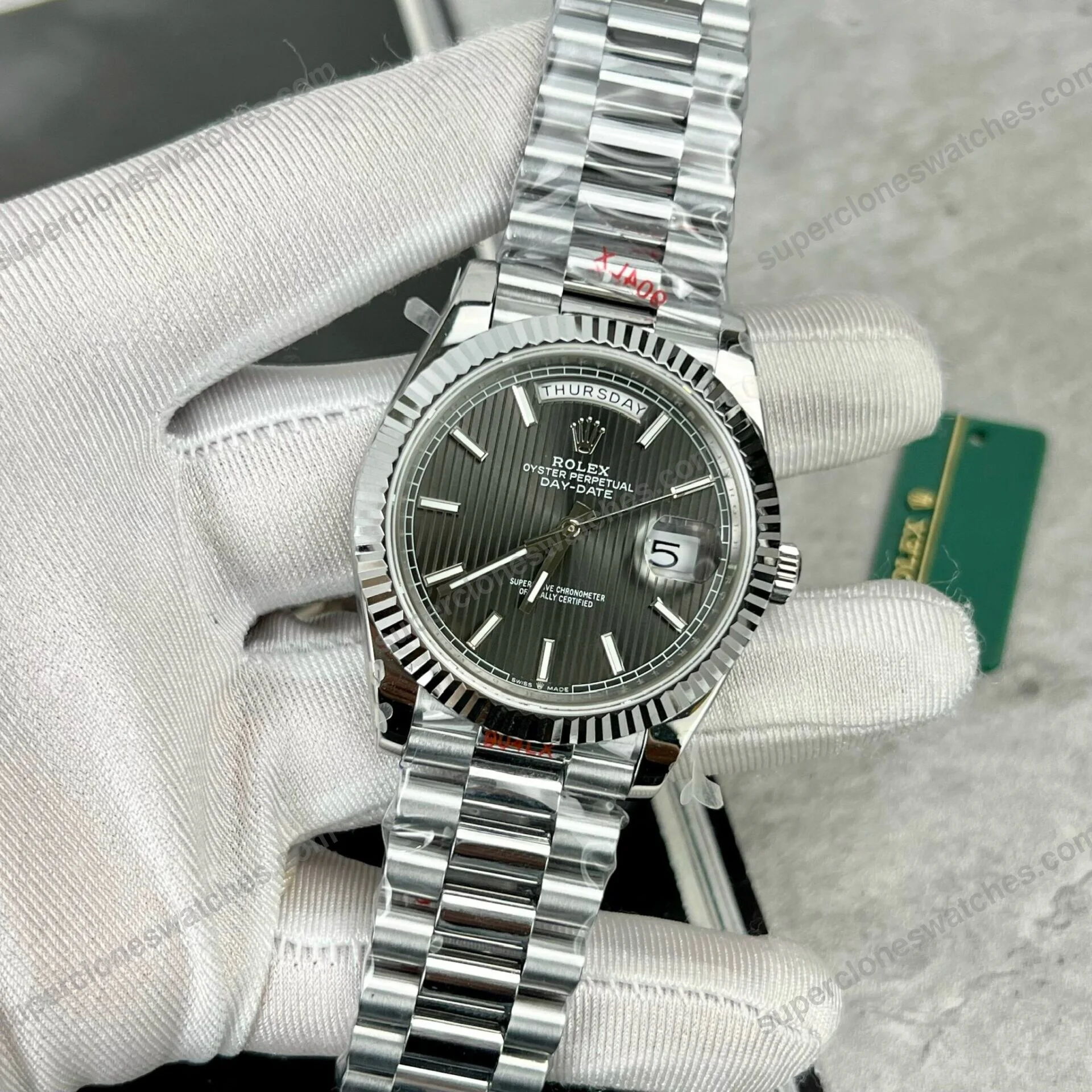 Super-Clone-Rolex-Day-Date-Grey-Stick-Tapestry-Dial-228239-0002-40-mm-3