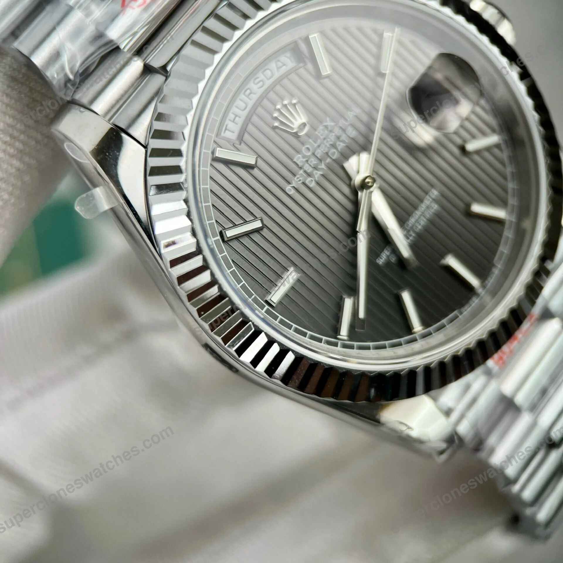 Super-Clone-Rolex-Day-Date-Grey-Stick-Tapestry-Dial-228239-0002-40-mm-5