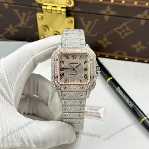 Super-Clone-Cartier-Santos-de-Cartie-Larger-Full-Diamond-Demi-Rose-Gold-39.8mm-a-1