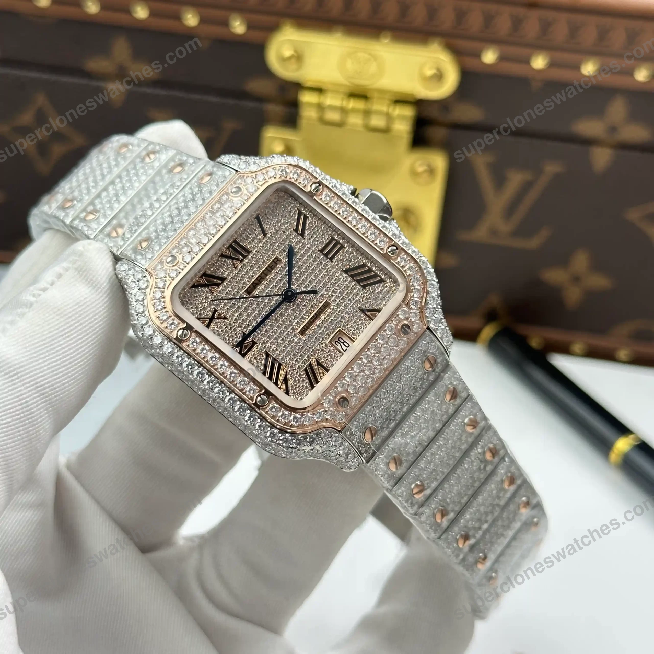 Super-Clone-Cartier-Santos-de-Cartie-Larger-Full-Diamond-Demi-Rose-Gold-39.8mm-a-4