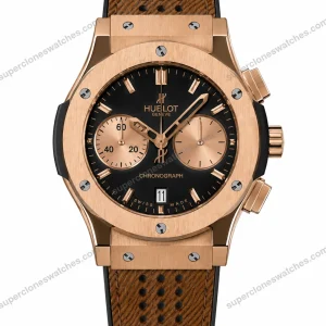 Super-Clone-Hublot-Big-Bang-Rose-Gold-Black-Dial-Brown-Leather-Strap
