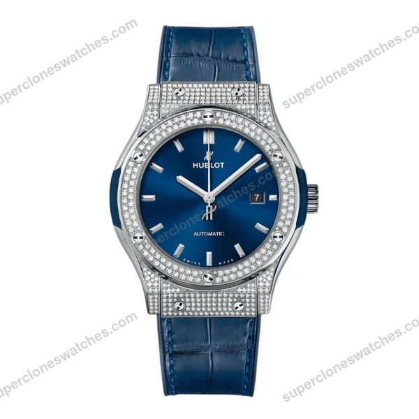 Super-Clone-Hublot-Classic-Fusion-Diamonds-Moissanite-Pave-42mm-Blue-Dial-–-Cu-1
