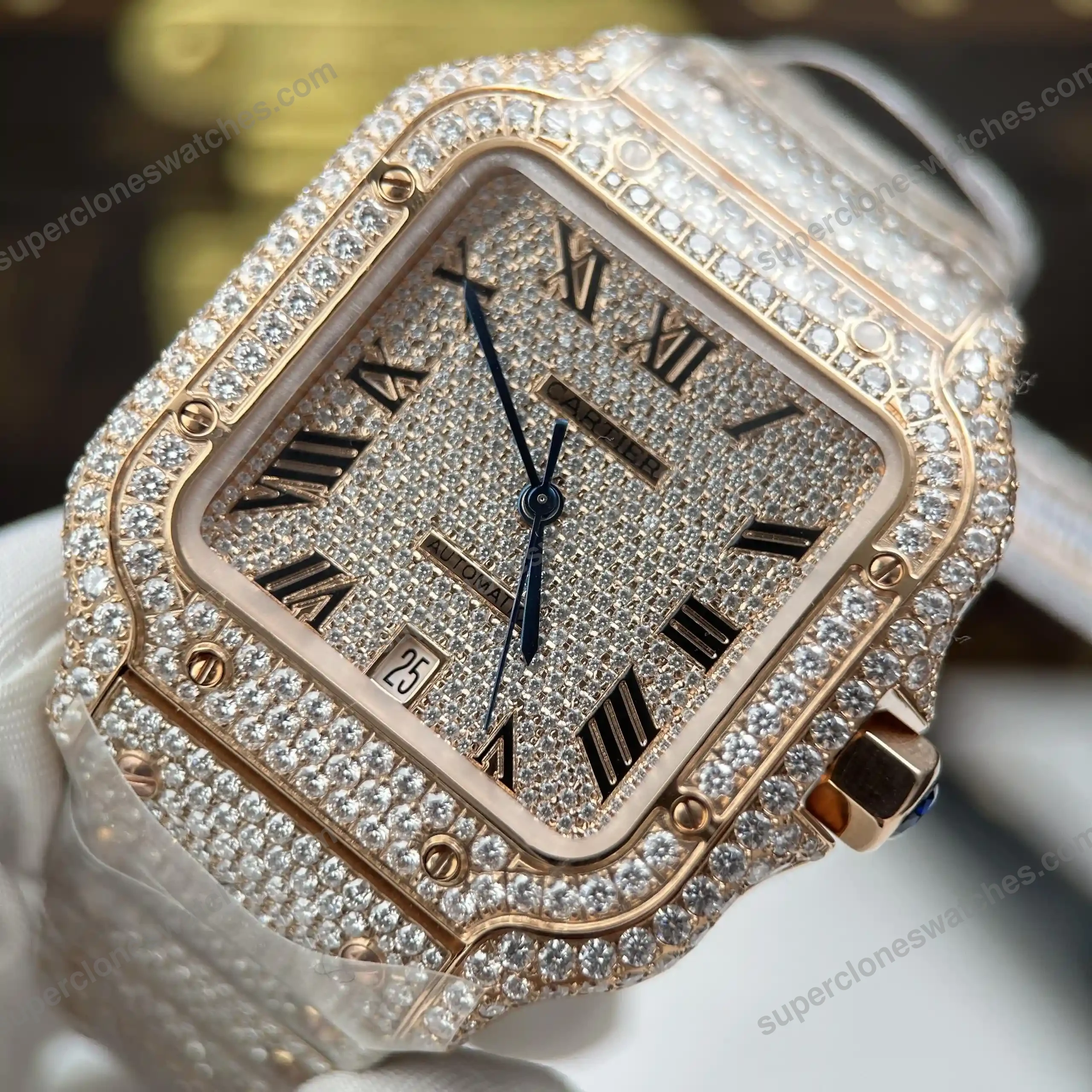 Super-Clone-Cartier-Santos-de-Cartie-Larger-Full-Diamond-Rose-Gold-39.8mm-–-Ha-6