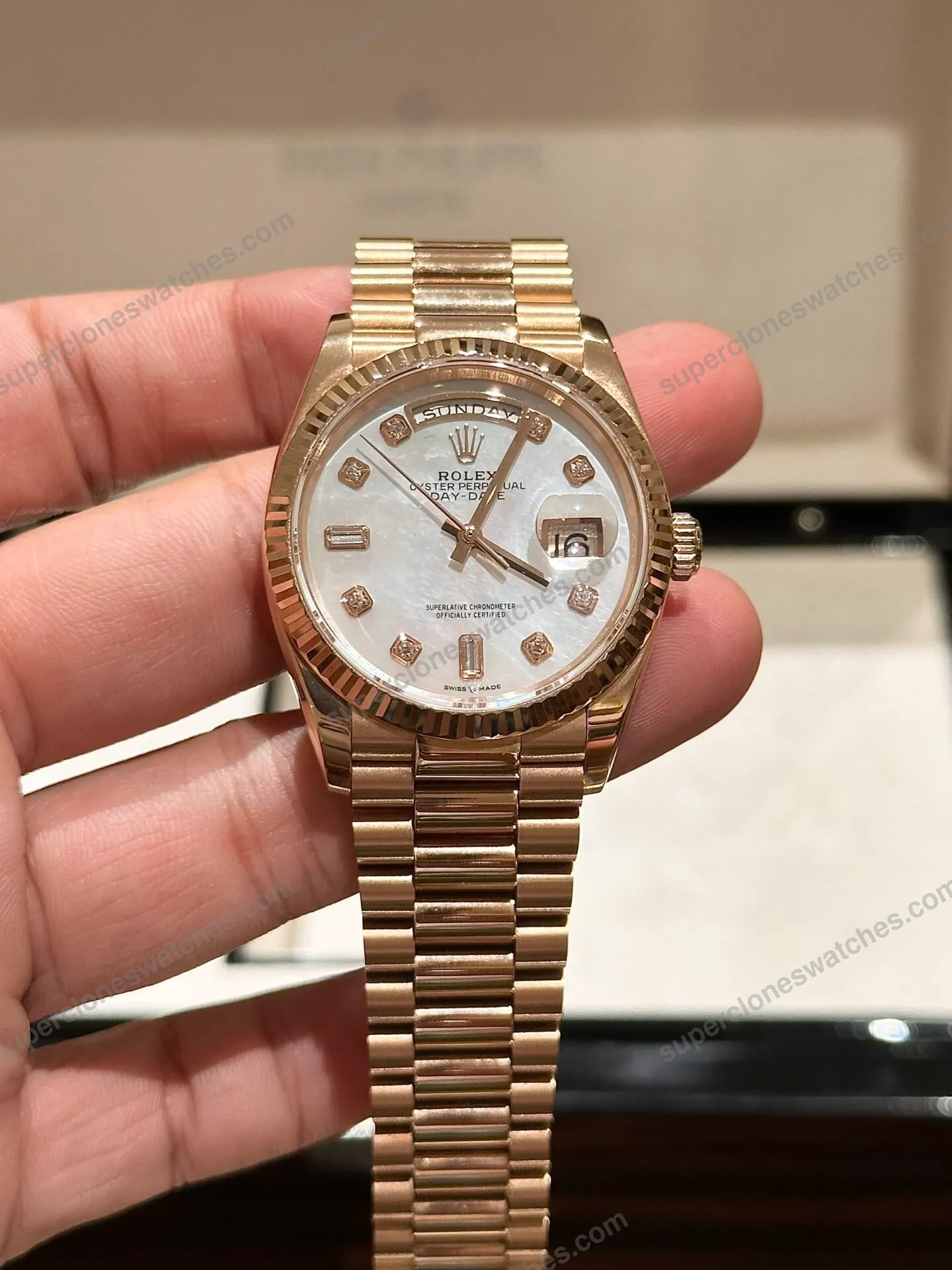 Super-Clone-Rolex-Day-Date-White-Mother-of-Pearl-Diamond-Dial-128235-0029-36-mm-2