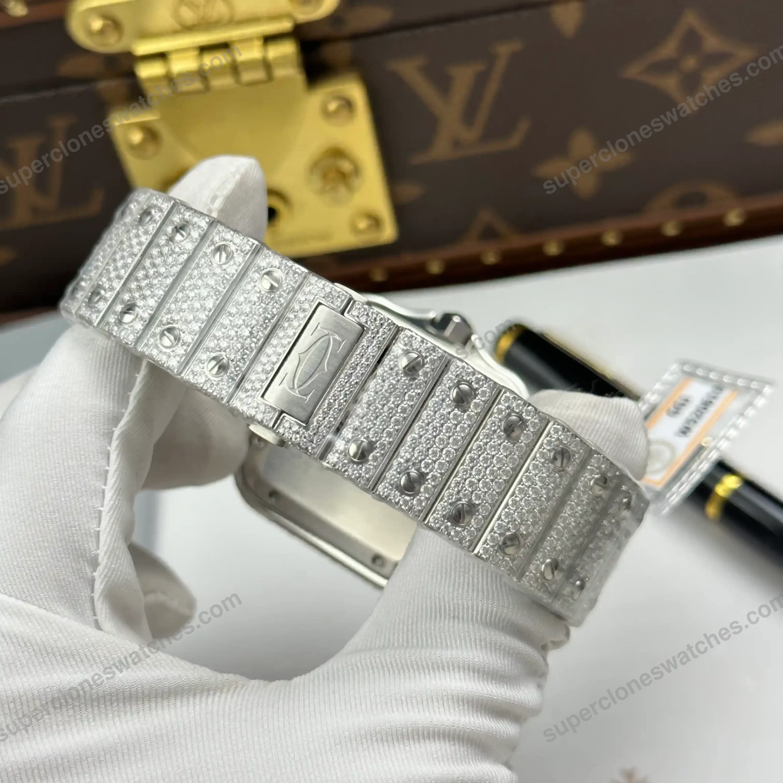 Super-Clone-Cartier-Santos-de-Cartie-Larger-Full-Diamond-39.8mm-8211-Handcraf-8