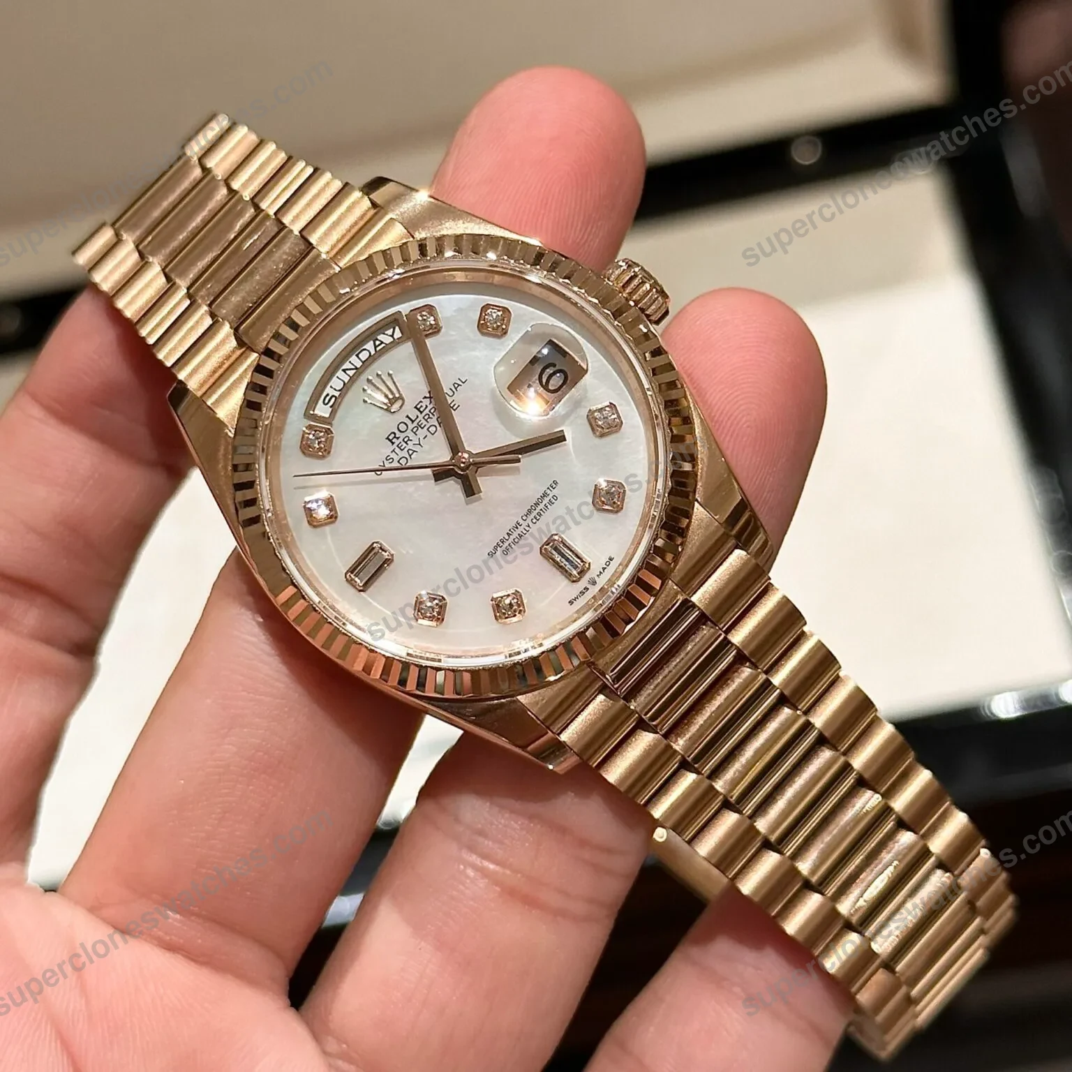 Super-Clone-Rolex-Day-Date-White-Mother-of-Pearl-Diamond-Dial-128235-0029-36-mm-4