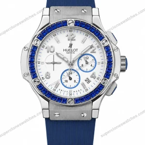 Super-Clone-Hublot-Big-Bang-Silver-Blue-Diamond-Bezel-White-Dial-Rubber-Strap
