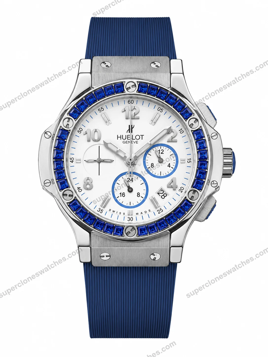 Super-Clone-Hublot-Big-Bang-Silver-Blue-Diamond-Bezel-White-Dial-Rubber-Strap