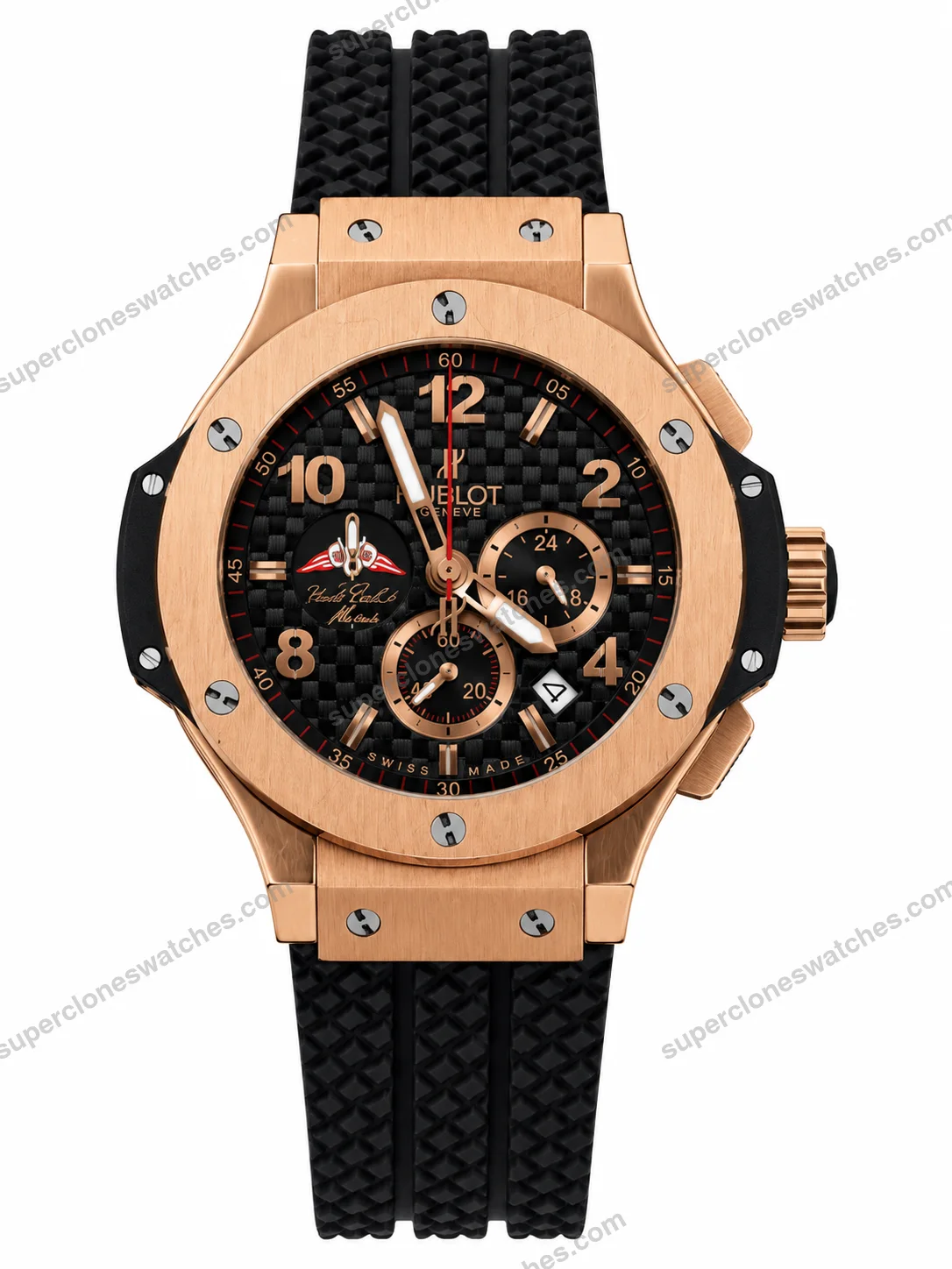 Super-Clone-Hublot-Big-Bang-Rose-Gold-Black-Carbon-Dial-Rubber-Strap