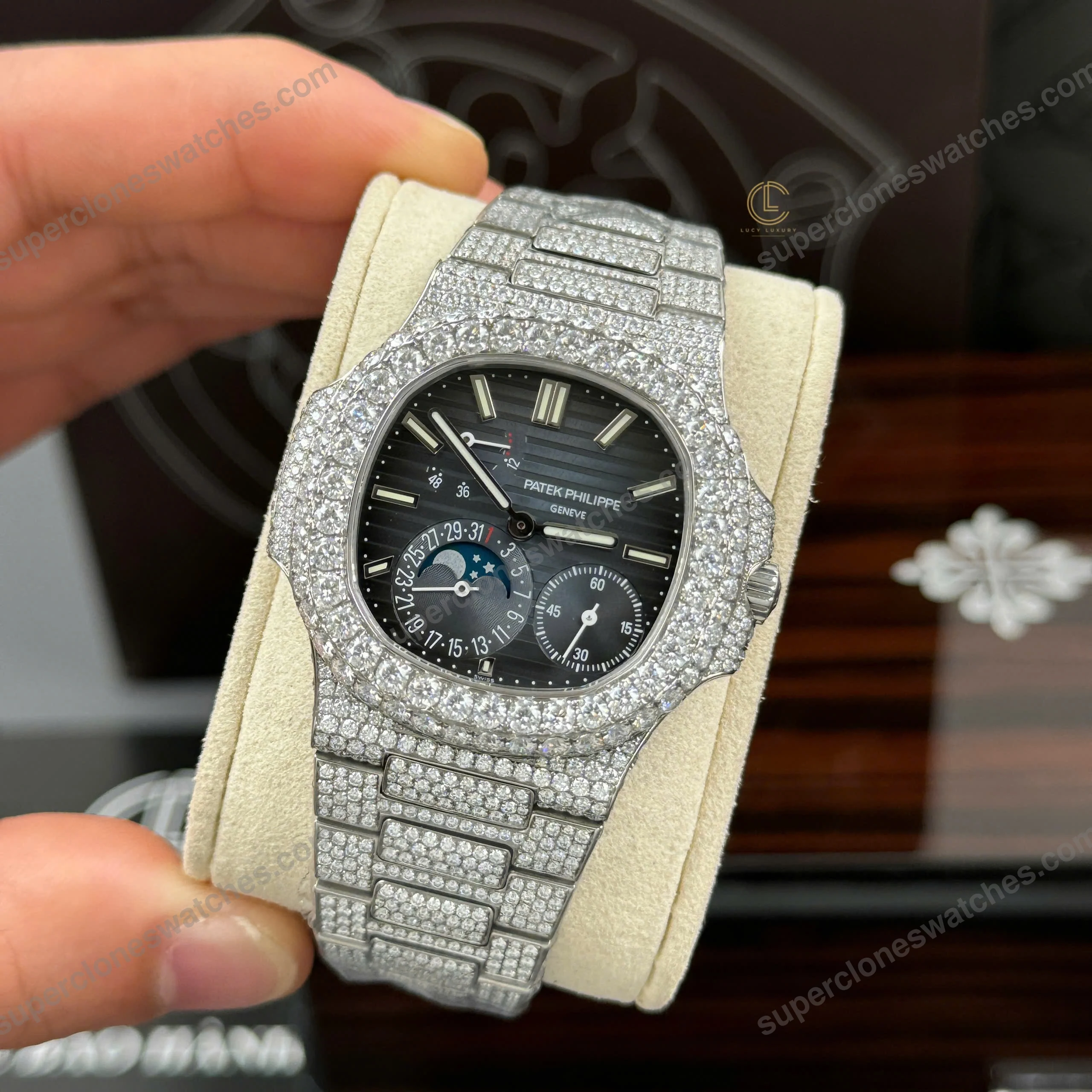 Super-Clone-Patek-Philippe-Nautilus-57121A-40mm-Blue-Dial-Full-Moissanite-Hongk-4