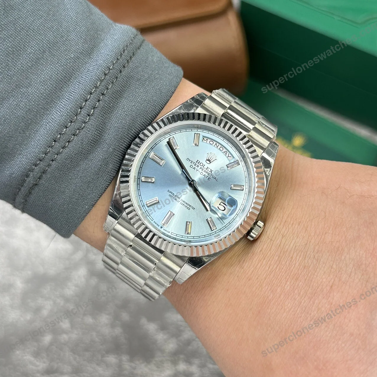 Super-Clone-Rolex-Day-Date-Ice-Blue-Diamond-Dial-228236-0006-40-mm-8