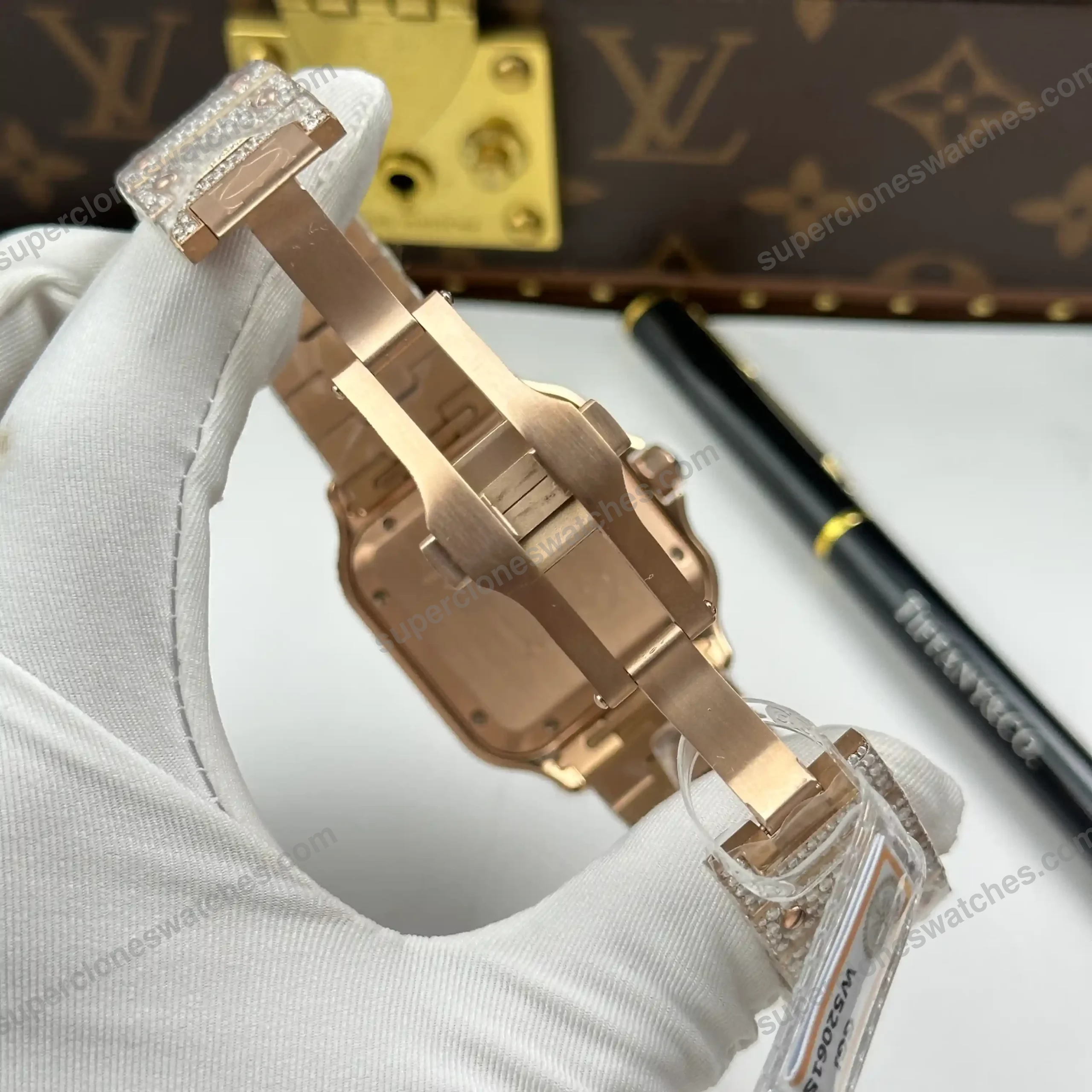 Super-Clone-Cartier-Santos-de-Cartie-Larger-Full-Diamond-Rose-Gold-39.8mm-–-Ha-9