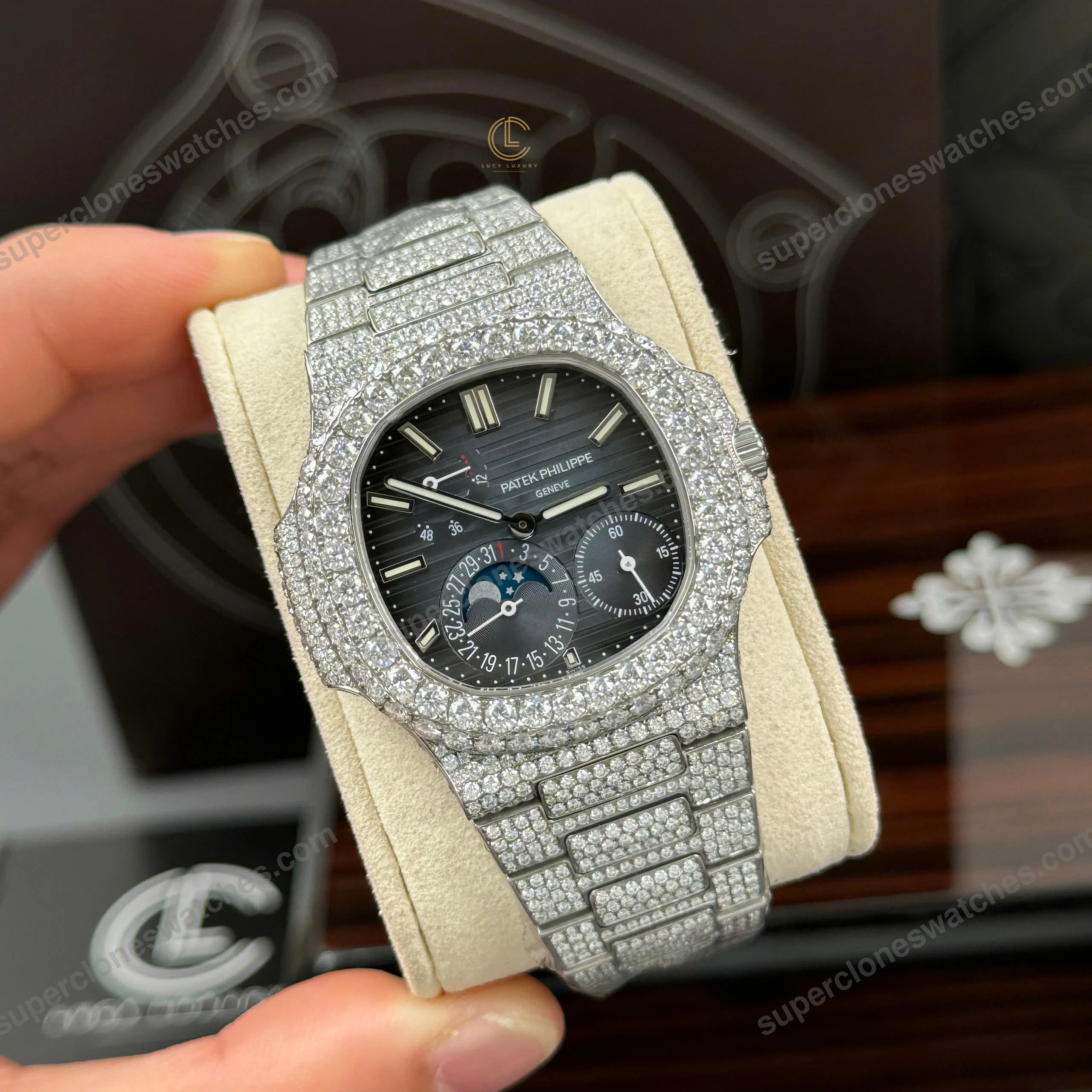 Super-Clone-Patek-Philippe-Nautilus-57121A-40mm-Blue-Dial-Full-Moissanite-Hongk-3