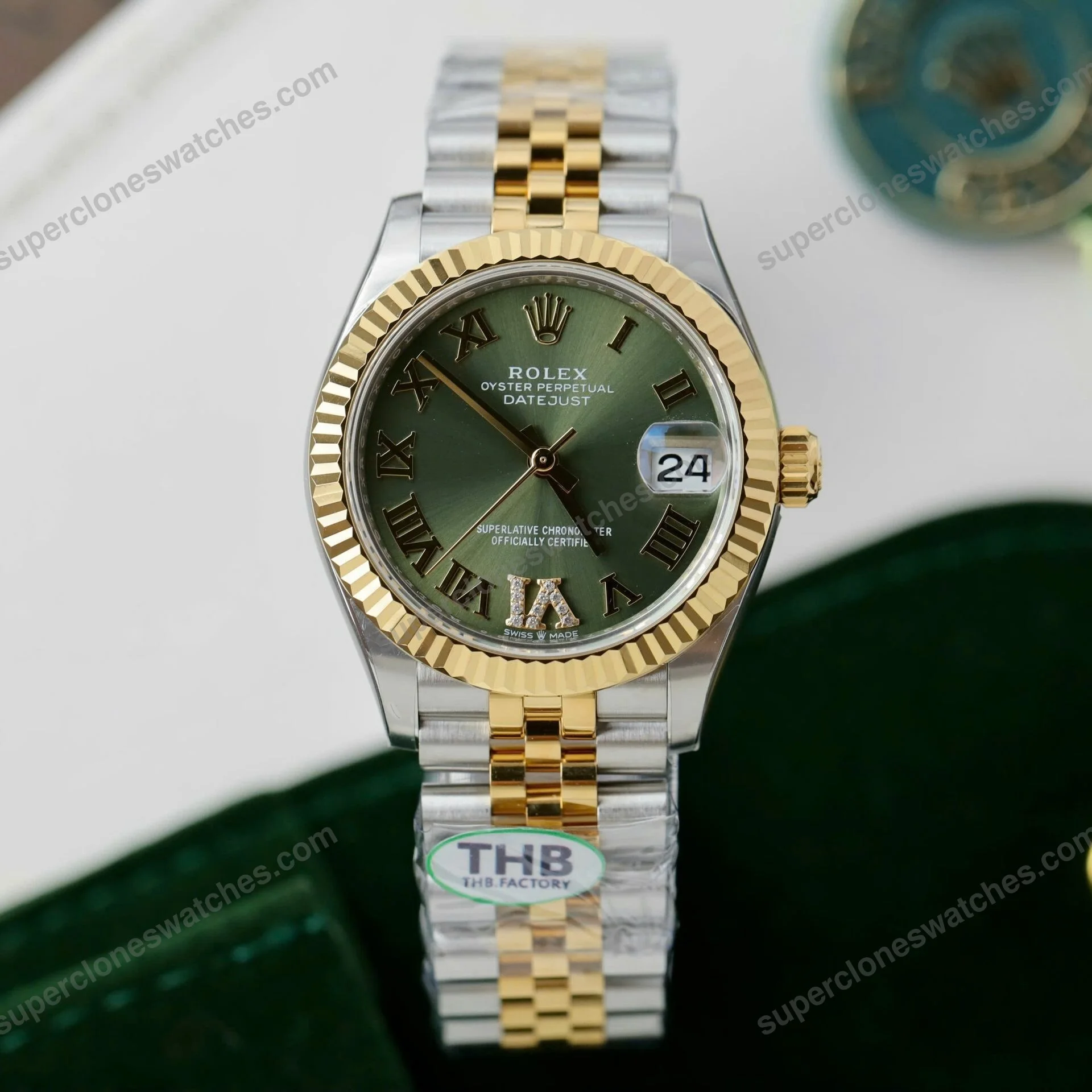 Super-Clone-Rolex-Datejust-Olive-Green-Roman-Diamond-Dial-126233-0025-36-mm-2
