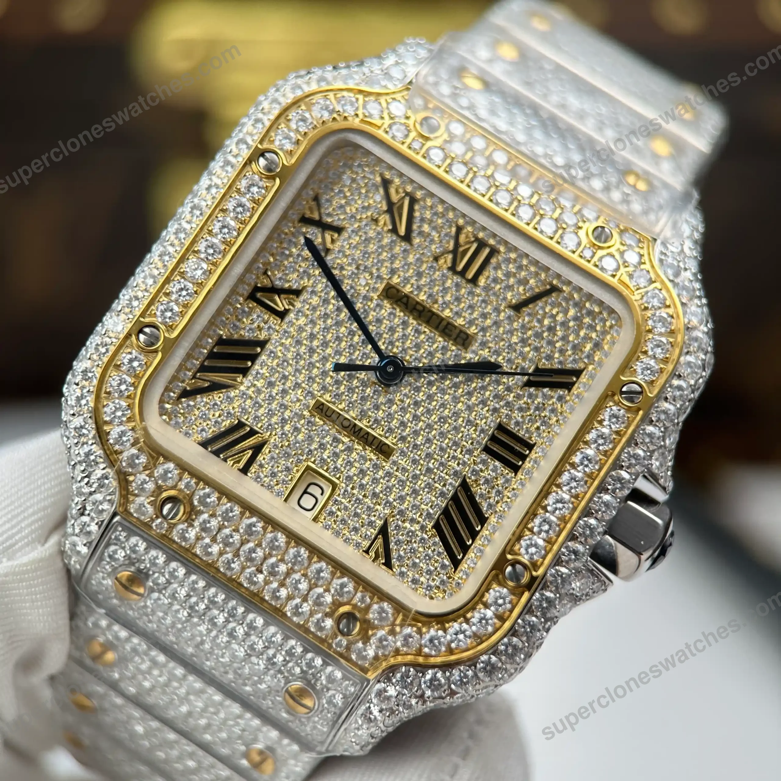 Super-Clone-Cartier-Santos-de-Cartie-Larger-Full-Diamond-Demi-Yellow-Gold-39.8mm-6