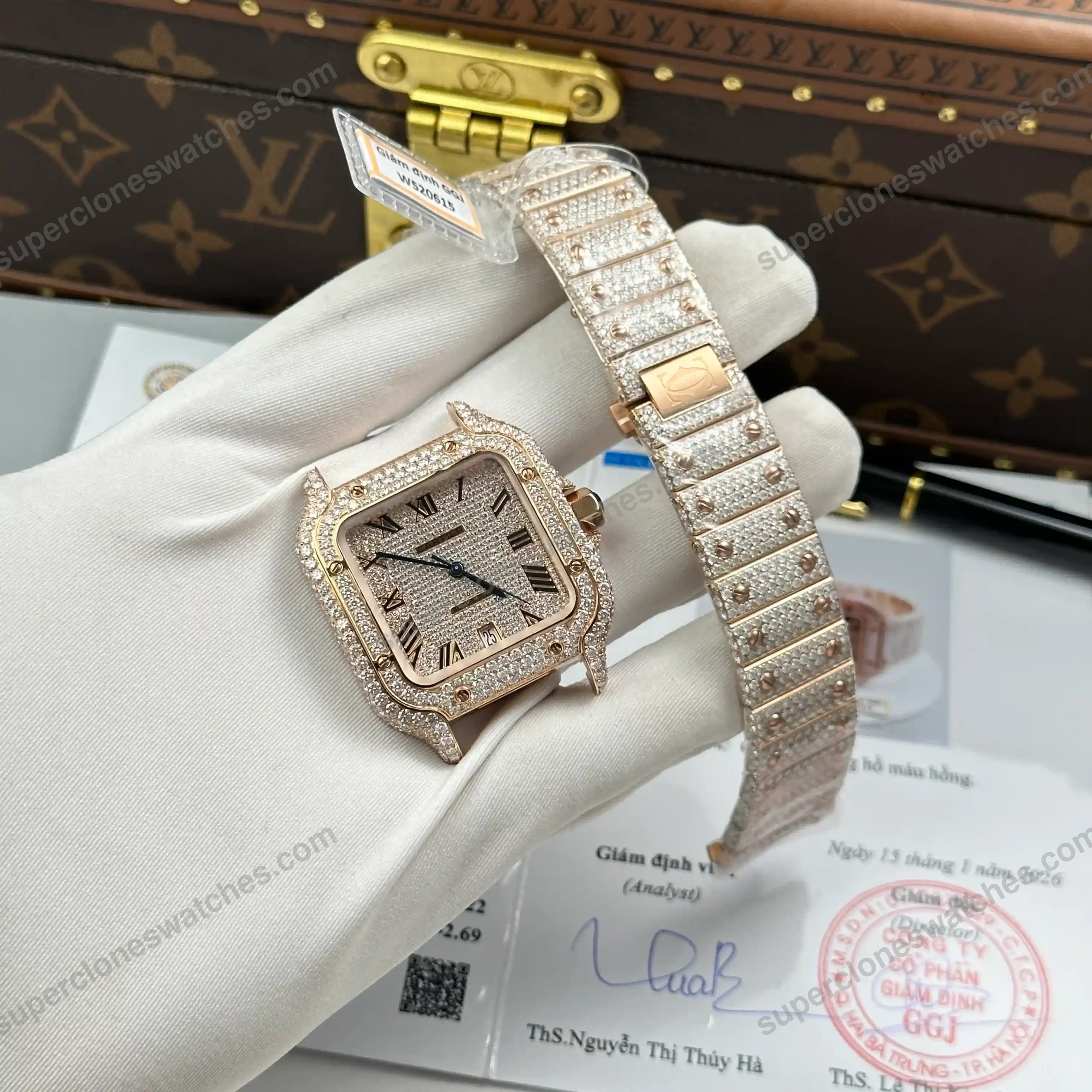 Super-Clone-Cartier-Santos-de-Cartie-Larger-Full-Diamond-Rose-Gold-39.8mm-–-Ha-3