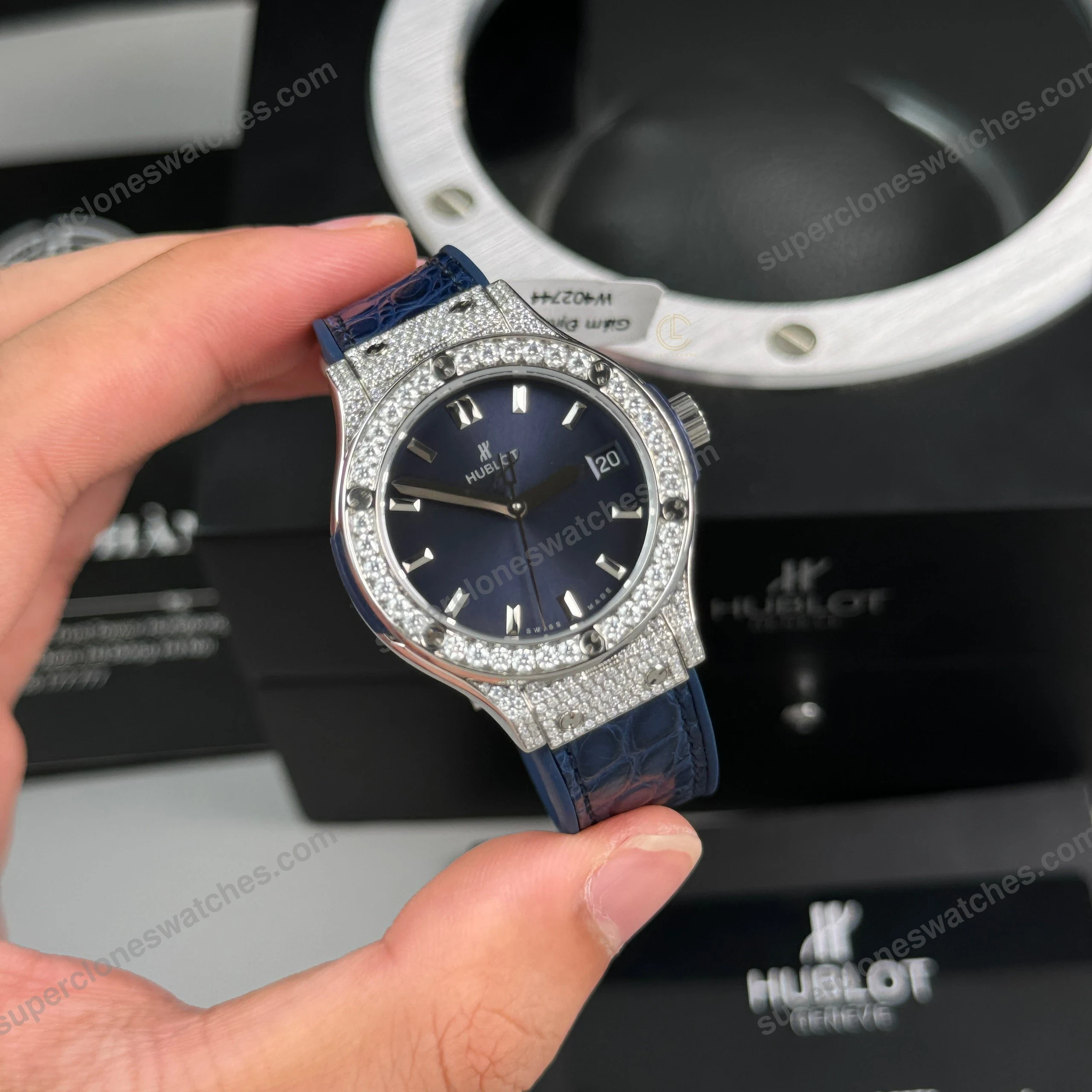 Super-Clone-Hublot-Classic-Fusion-Diamonds-Moissanite-Pave-33mm-Blue-Dial-–-Ha-2
