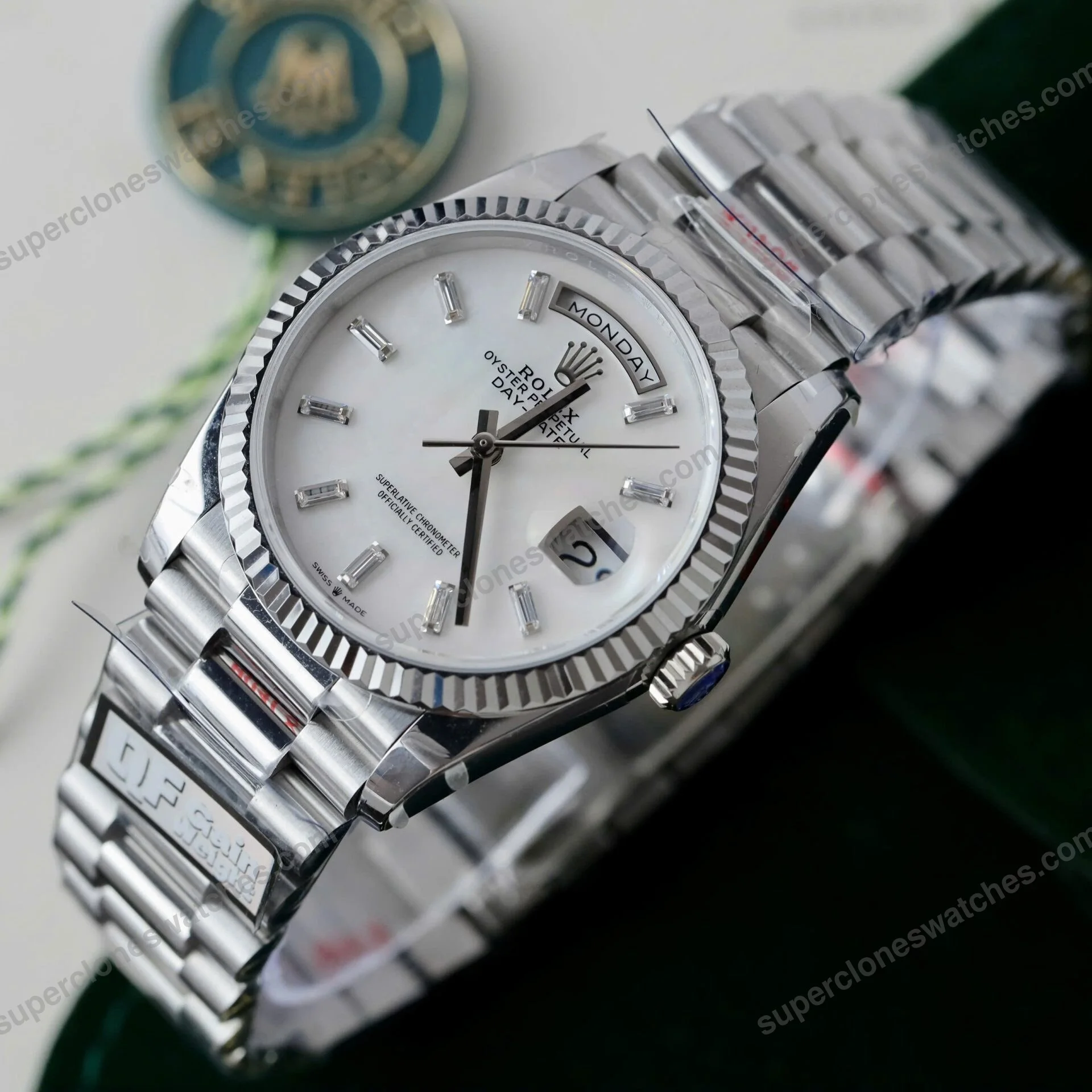 Super-Clone-Rolex-Day-Date-White-Mother-of-Pearl-Diamond-Dial-128236-0021-36-mm-4