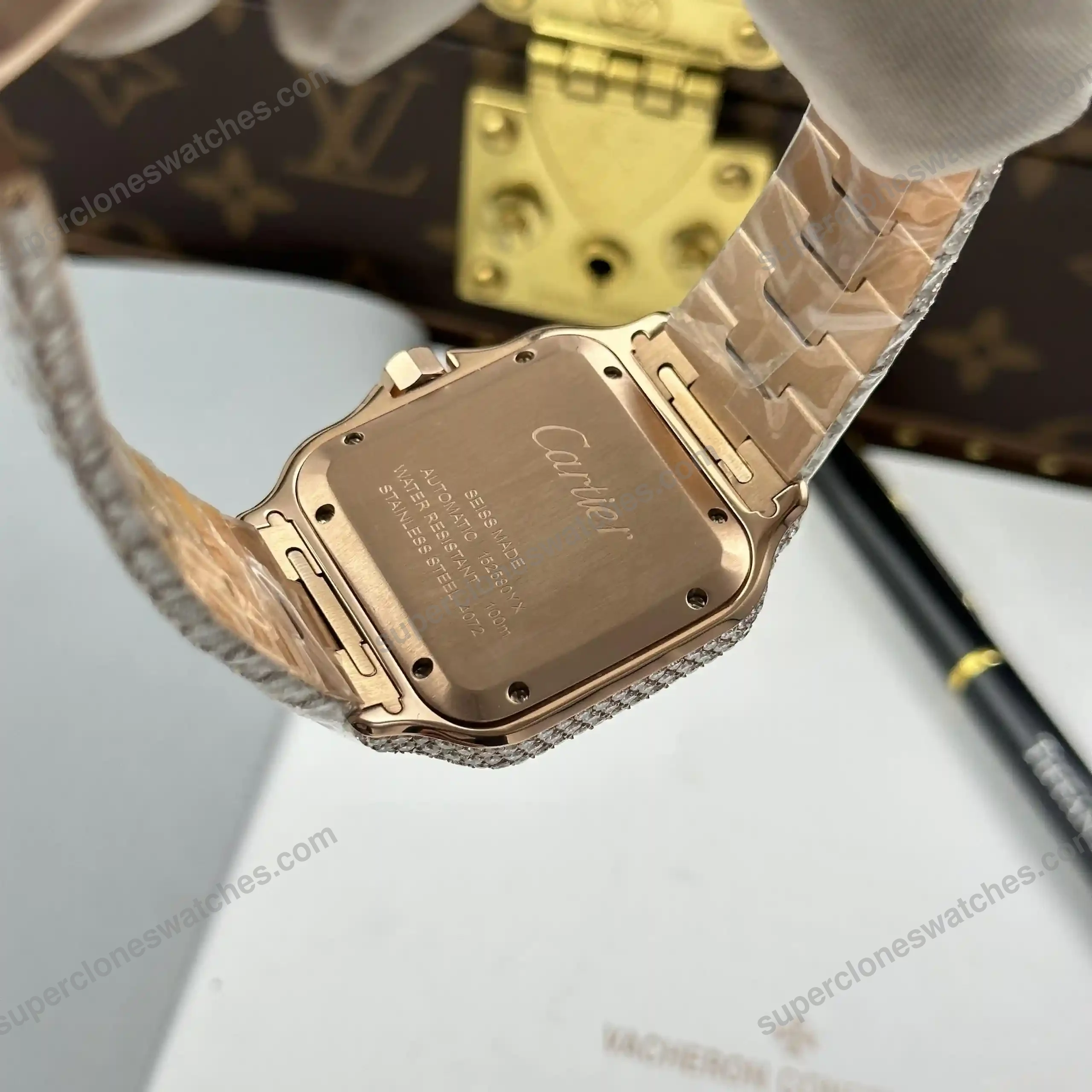 Super-Clone-Cartier-Santos-de-Cartie-Larger-Full-Diamond-Rose-Gold-39.8mm-–-Ha-8