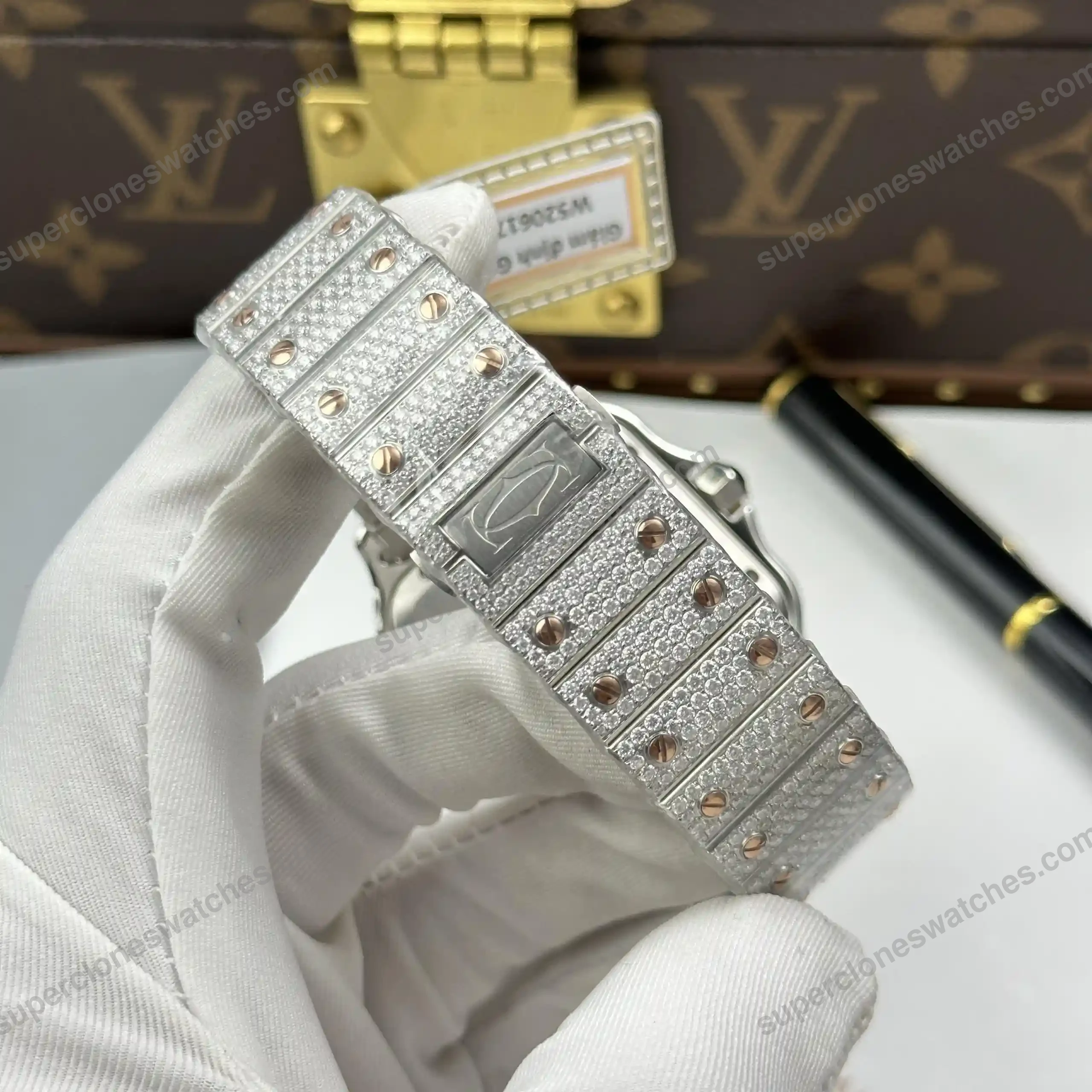 Super-Clone-Cartier-Santos-de-Cartie-Larger-Full-Diamond-Demi-Rose-Gold-39.8mm-a-8