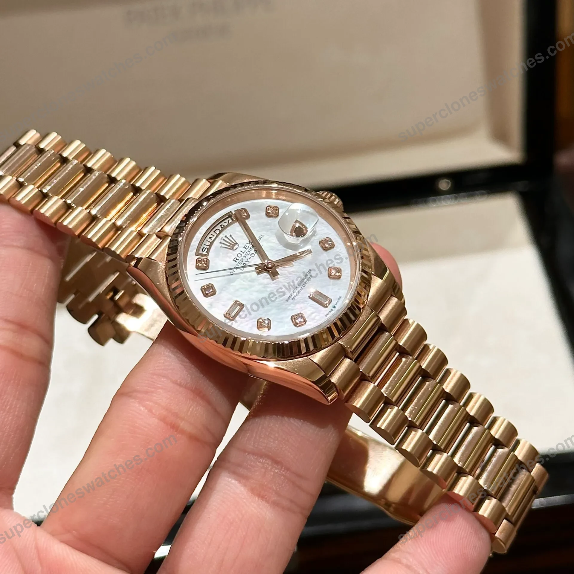 Super-Clone-Rolex-Day-Date-White-Mother-of-Pearl-Diamond-Dial-128235-0029-36-mm-5