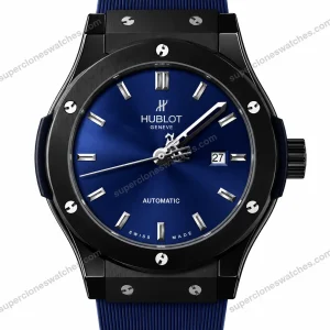 Super-Clone-Hublot-Classic-Fusion-Black-Blue-Sunburst-Dial-Rubber-Strap