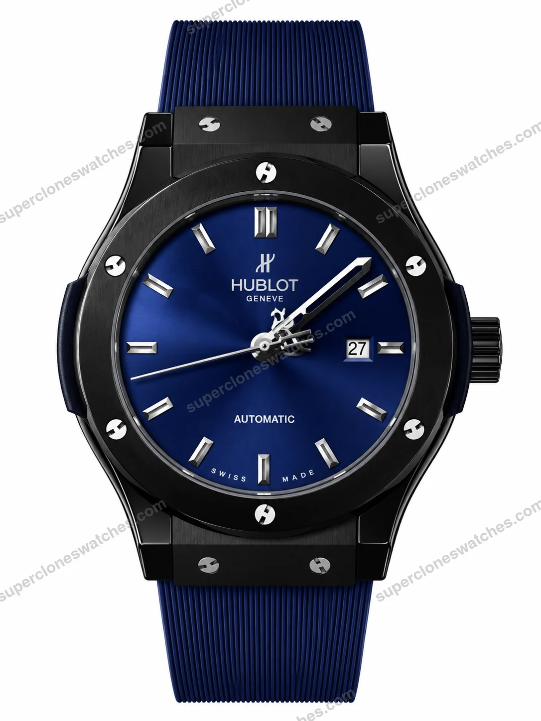 Super-Clone-Hublot-Classic-Fusion-Black-Blue-Sunburst-Dial-Rubber-Strap