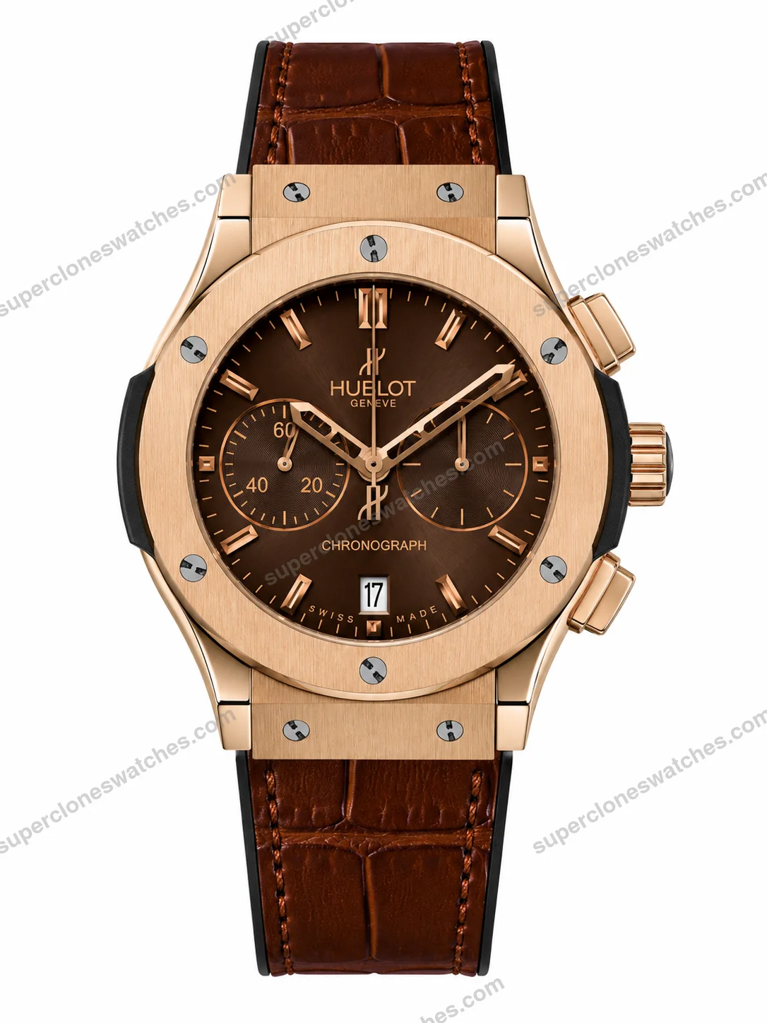 Super-Clone-Hublot-Big-Bang-Rose-Gold-Brown-Sunburst-Dial-Crocodile-Leather-Strap