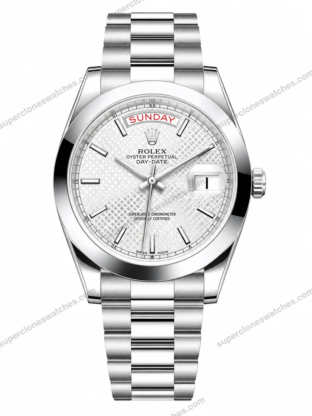 Reduced-Rolex-Day-Date-Silver-White-Textured-Dial-Oyster-Bracelet