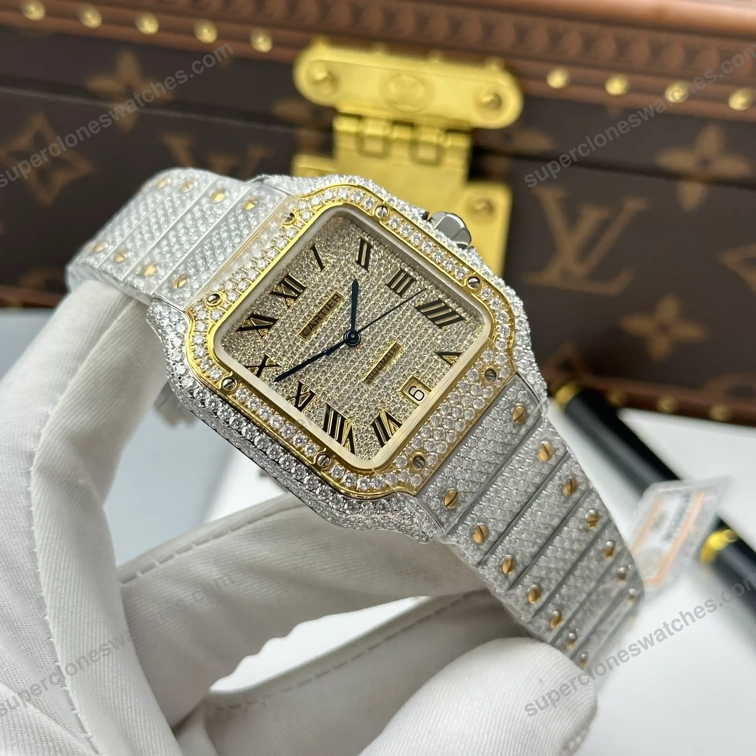 Super-Clone-Cartier-Santos-de-Cartie-Larger-Full-Diamond-Demi-Yellow-Gold-39.8mm-4