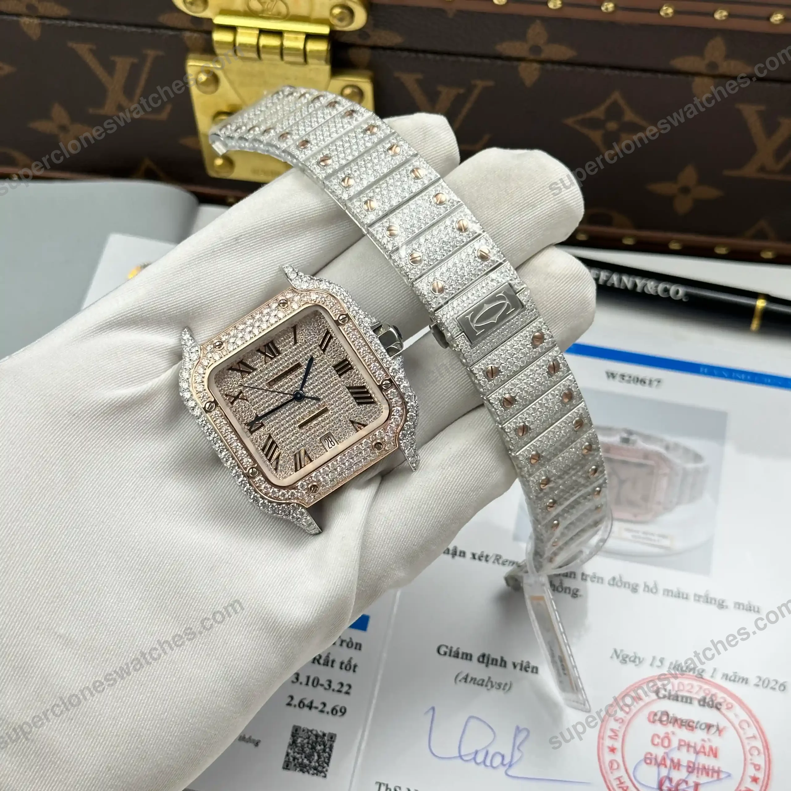 Super-Clone-Cartier-Santos-de-Cartie-Larger-Full-Diamond-Demi-Rose-Gold-39.8mm-a-3