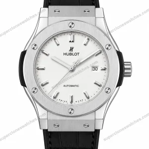 Super-Clone-Hublot-Classic-Fusion-Silver-White-Dial-Black-Leather-Strap