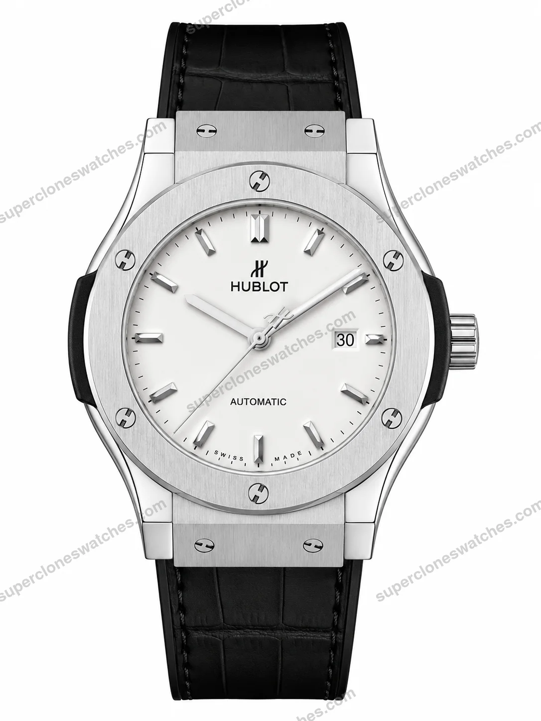 Super-Clone-Hublot-Classic-Fusion-Silver-White-Dial-Black-Leather-Strap