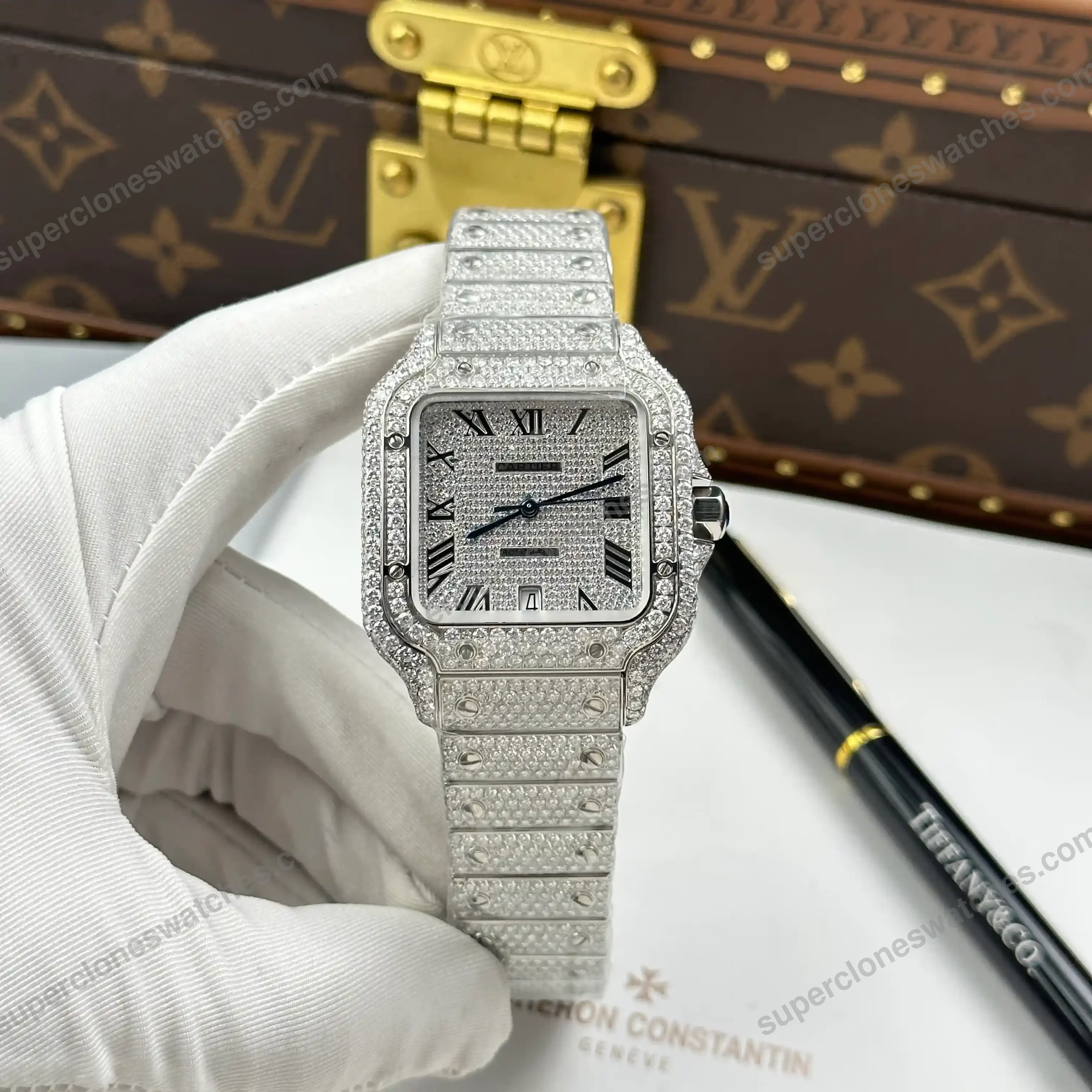 Super-Clone-Cartier-Santos-de-Cartie-Larger-Full-Diamond-39.8mm-8211-Handcraf-1