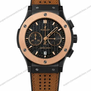 Super-Clone-Hublot-Big-Bang-Rose-Gold-Carbon-Dial-Brown-Leather-Strap