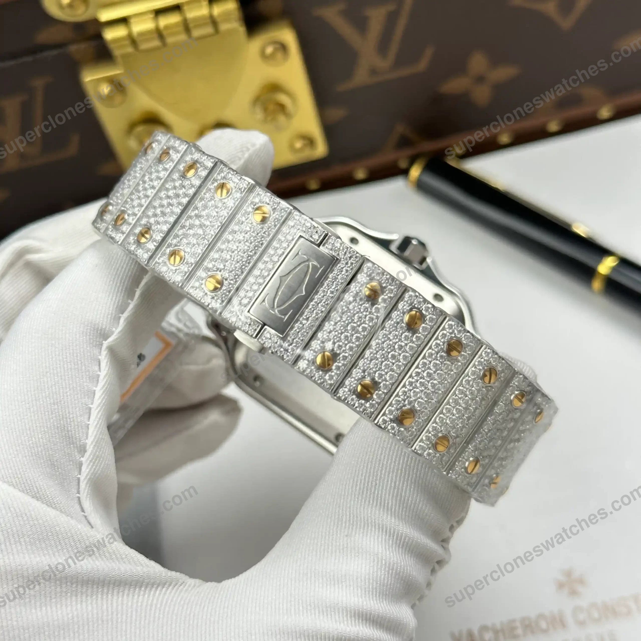 Super-Clone-Cartier-Santos-de-Cartie-Larger-Full-Diamond-Demi-Yellow-Gold-39.8mm-10