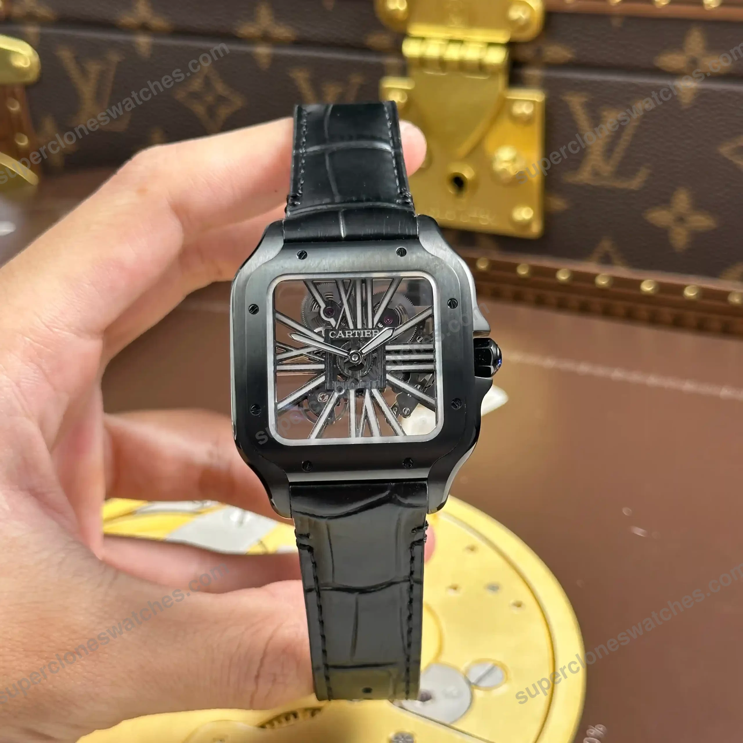 Super-Clone-Cartier-Santos-Large-Skeleton-Black-39mm-2