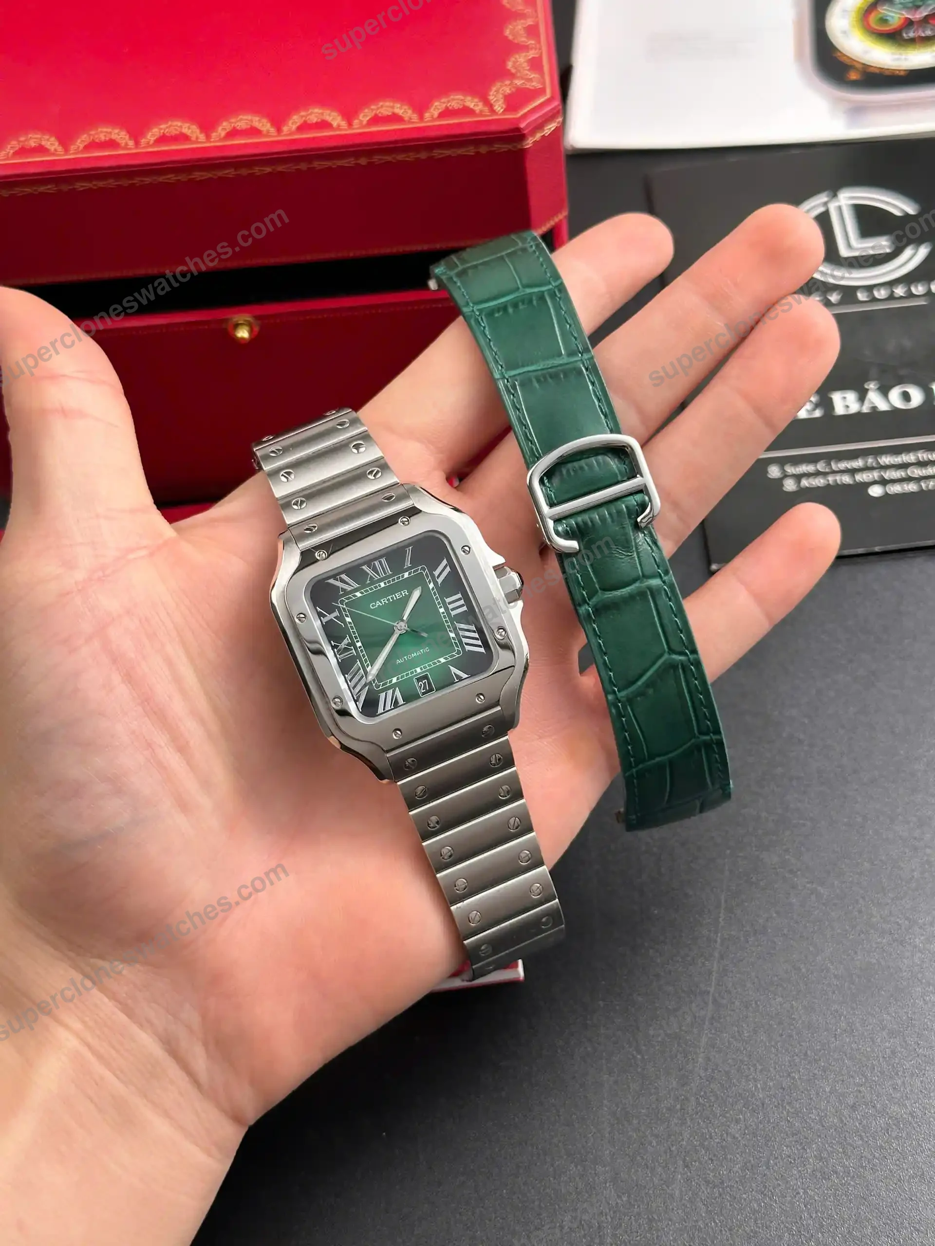 Super-Clone-Cartier-Santos-De-Cartier-Green-Dial-Large-WSSA0062-39.8mm-3