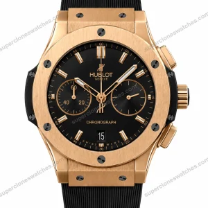 Super-Clone-Hublot-Classic-Fusion-Rose-Gold-Black-Dial-Chronograph-Rubber-Strap