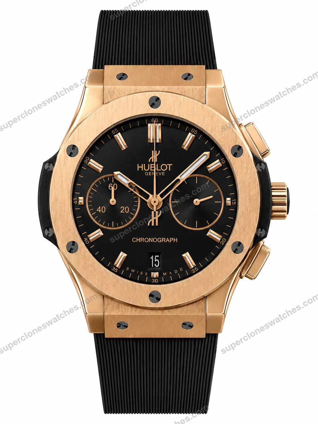Super-Clone-Hublot-Classic-Fusion-Rose-Gold-Black-Dial-Chronograph-Rubber-Strap