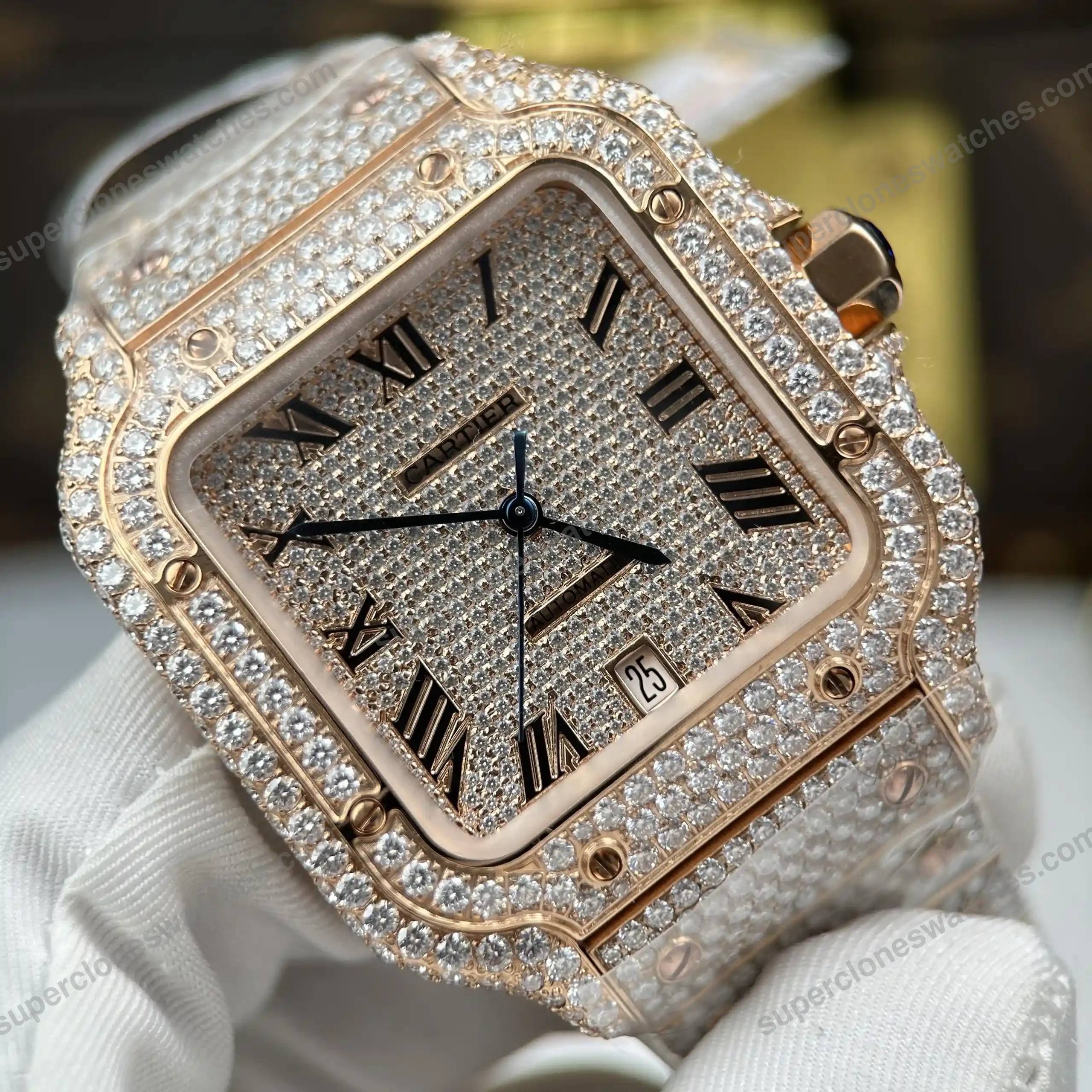 Super-Clone-Cartier-Santos-de-Cartie-Larger-Full-Diamond-Rose-Gold-39.8mm-–-Ha-5