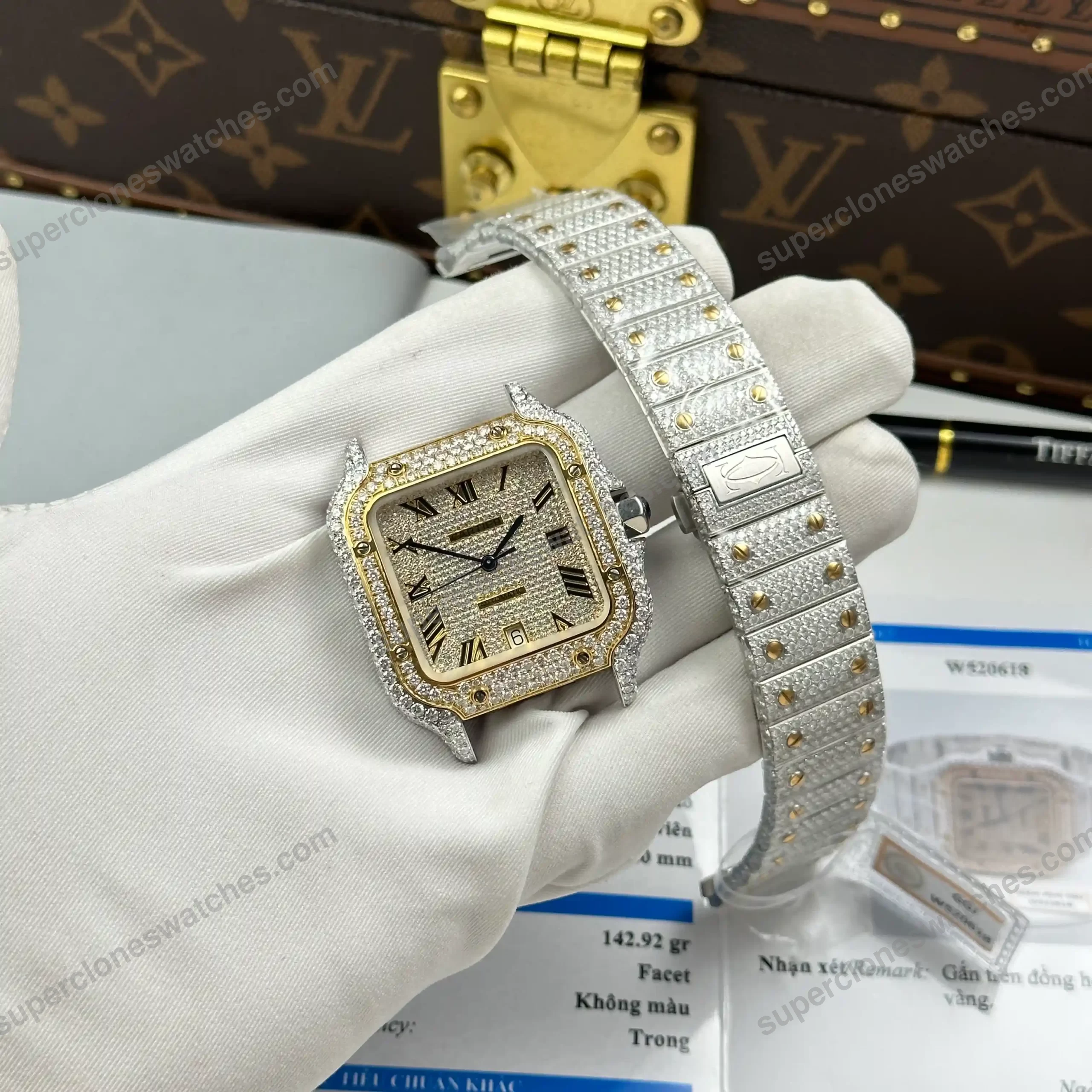 Super-Clone-Cartier-Santos-de-Cartie-Larger-Full-Diamond-Demi-Yellow-Gold-39.8mm-3